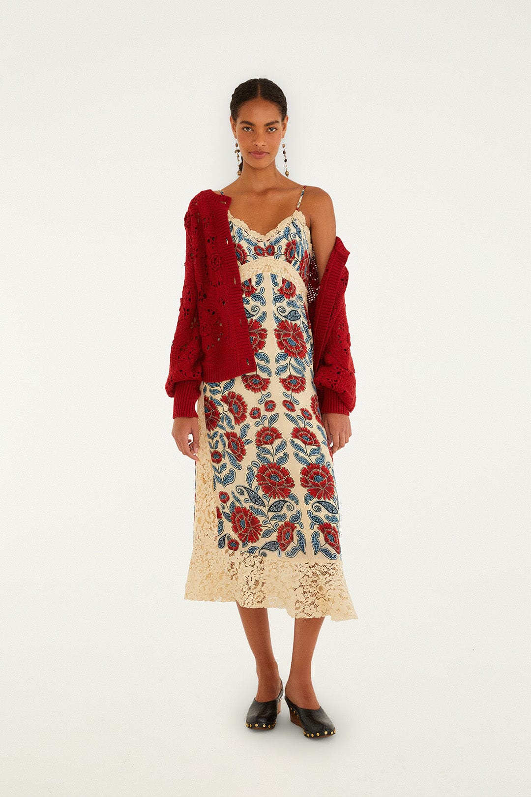 Red Crochet Flower Knit Cardigan