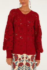 Red Crochet Flower Knit Cardigan