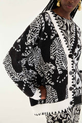 Black & White Mixed Striped Tigers Buttoned Knit Cardigan