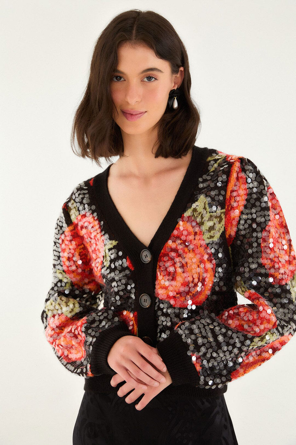 Black Latin Roses Buttoned Sequined Knit Cardigan