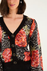 Black Latin Roses Buttoned Sequined Knit Cardigan