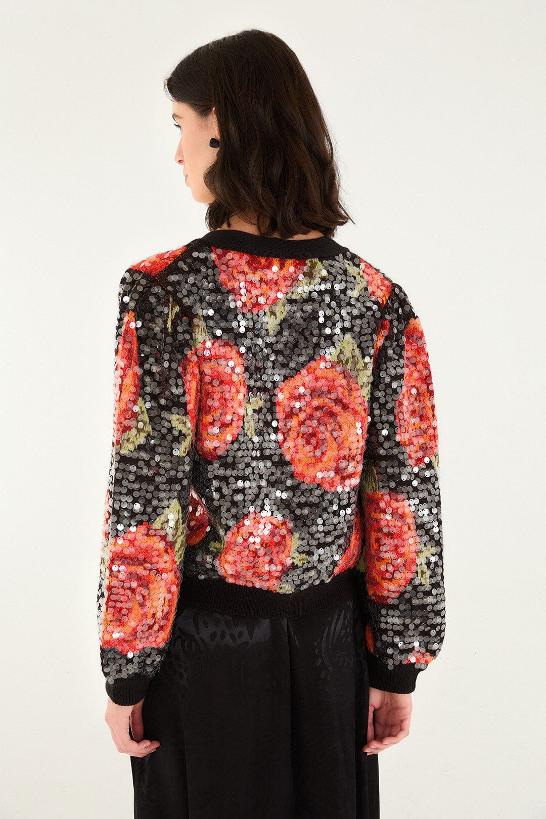 Black Latin Roses Buttoned Sequined Knit Cardigan