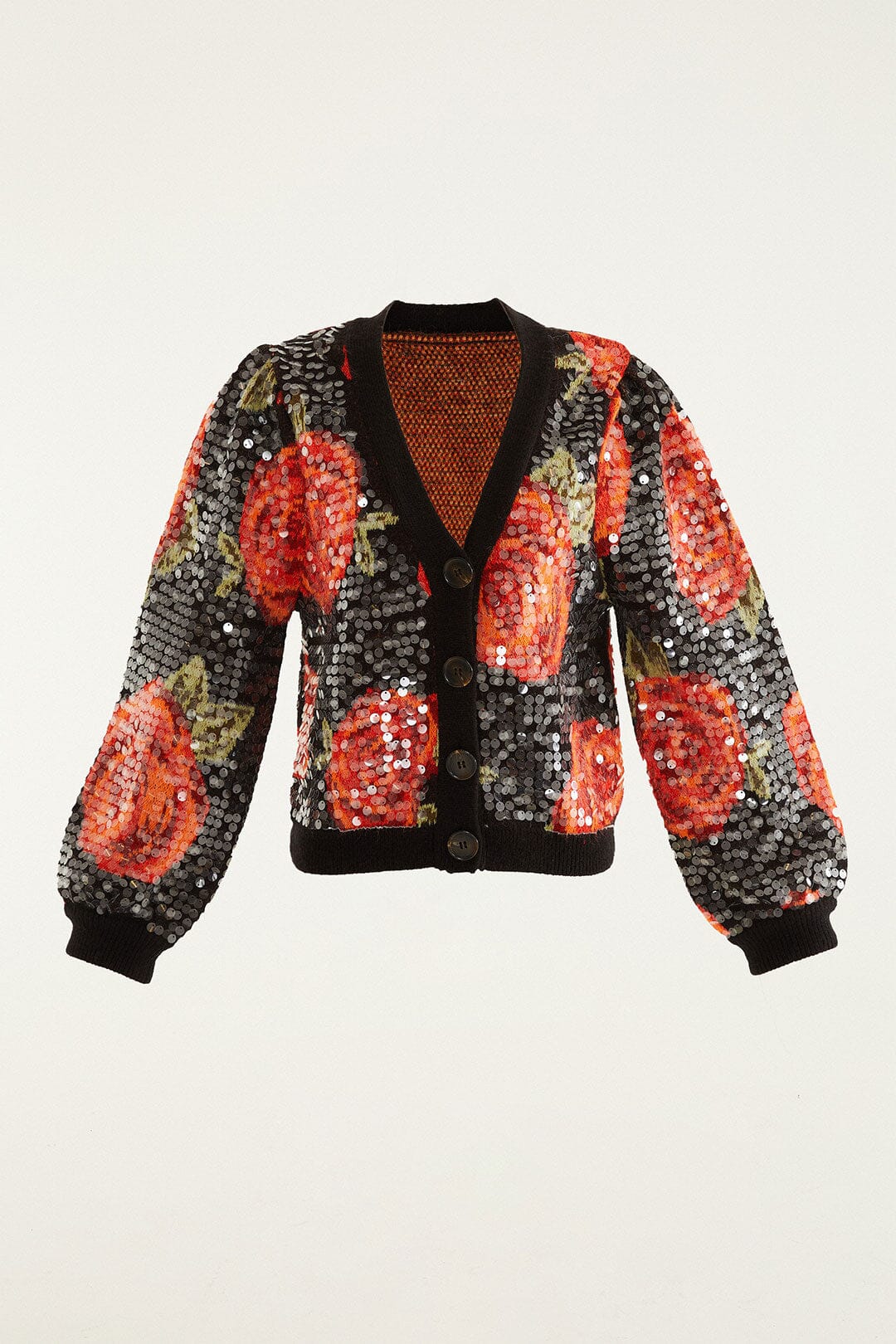 Black Latin Roses Buttoned Sequined Knit Cardigan