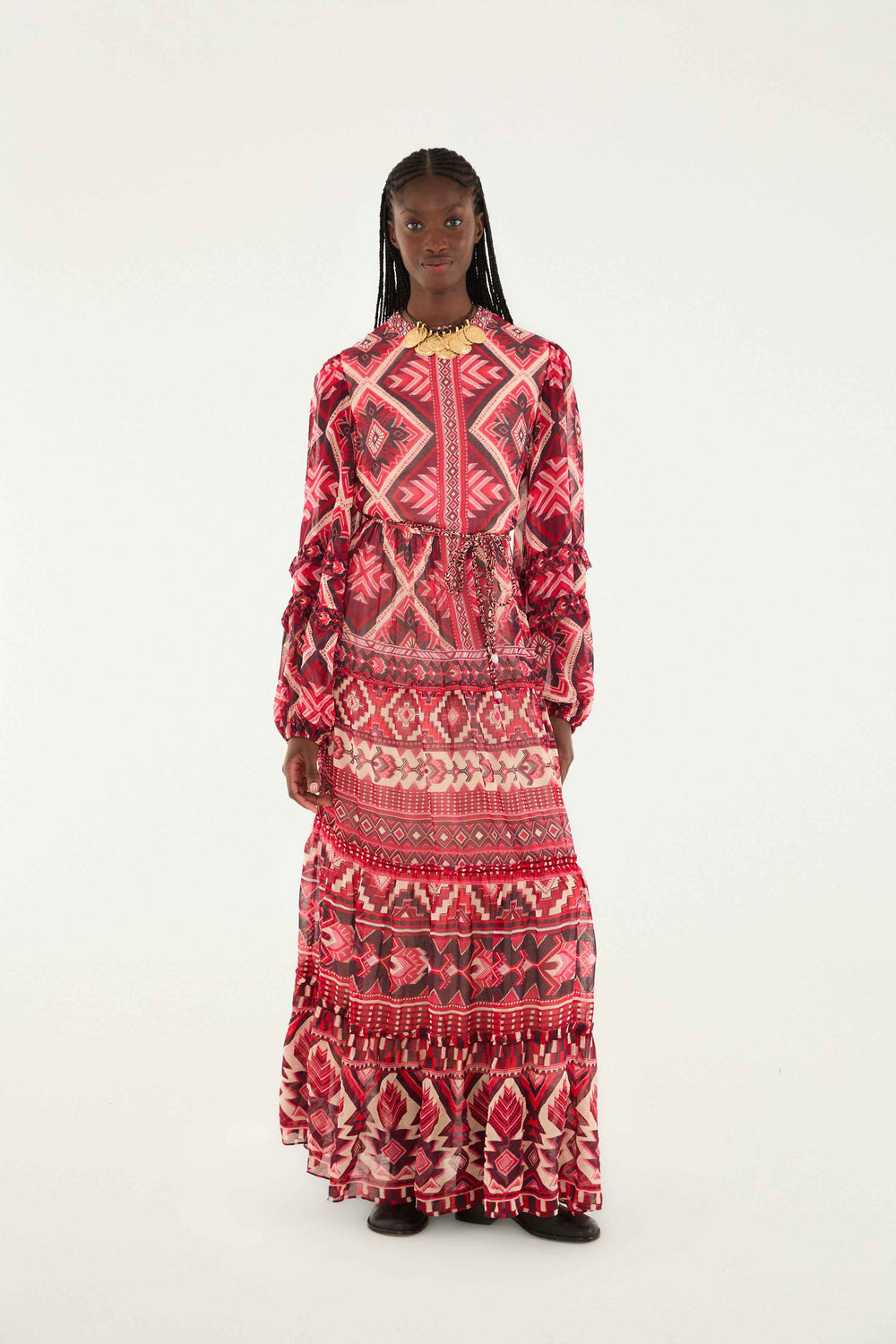 Red Graphic Ainika Belted Tiered Maxi Dress