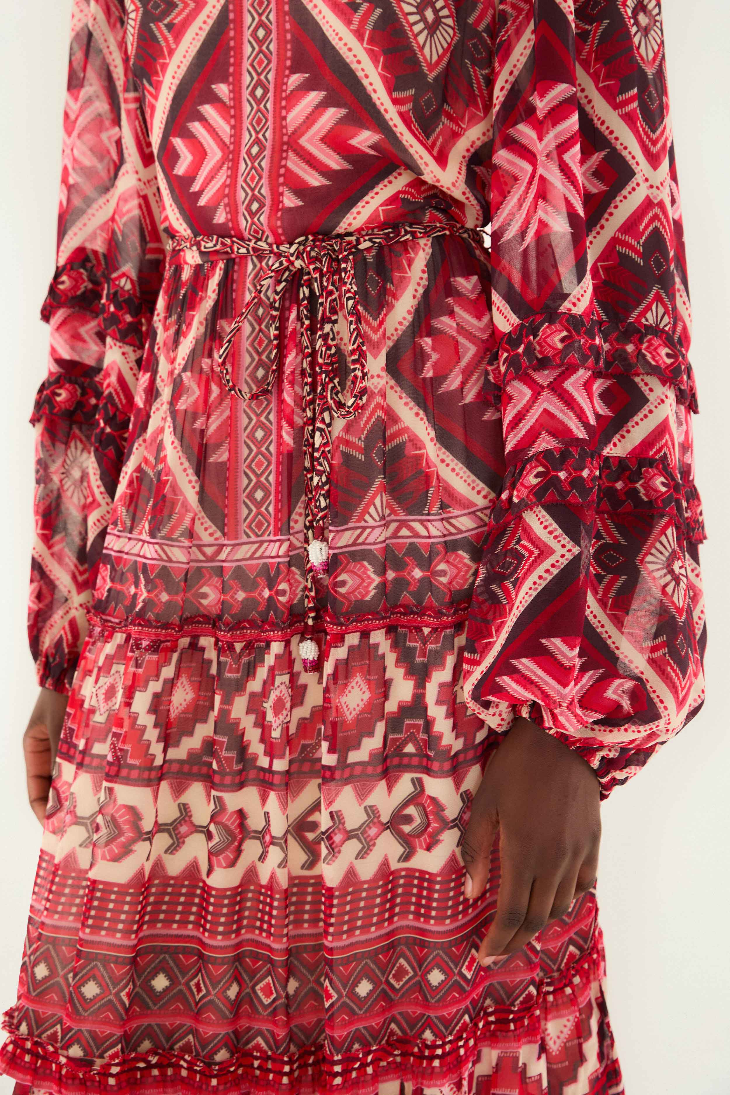 Red Graphic Ainika Belted Tiered Maxi Dress