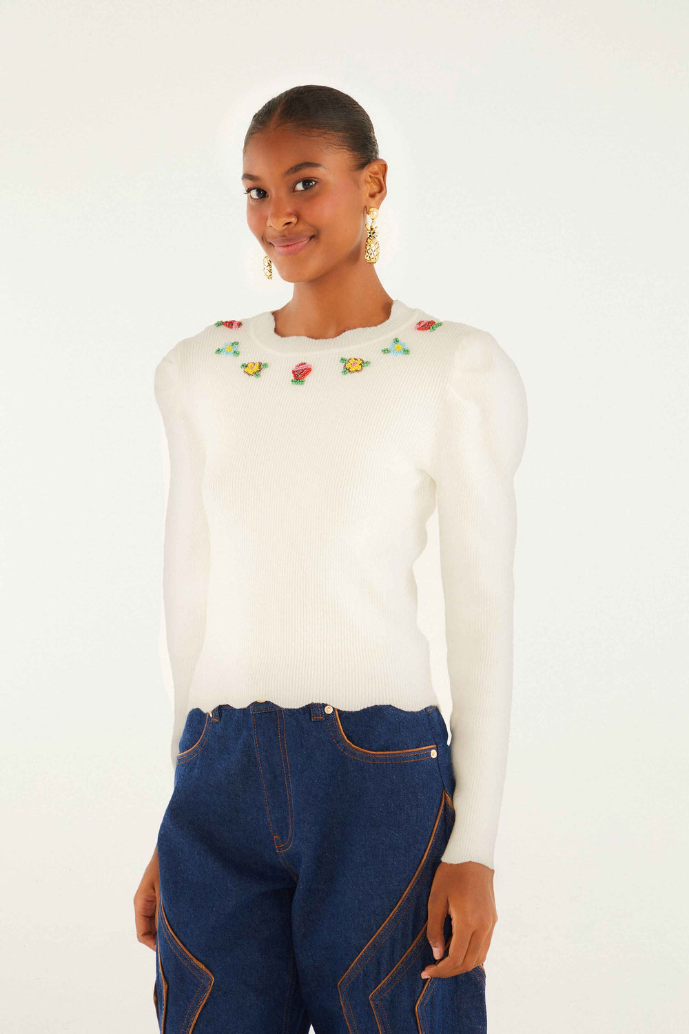 Off-White Flower Embroidery Knit Top