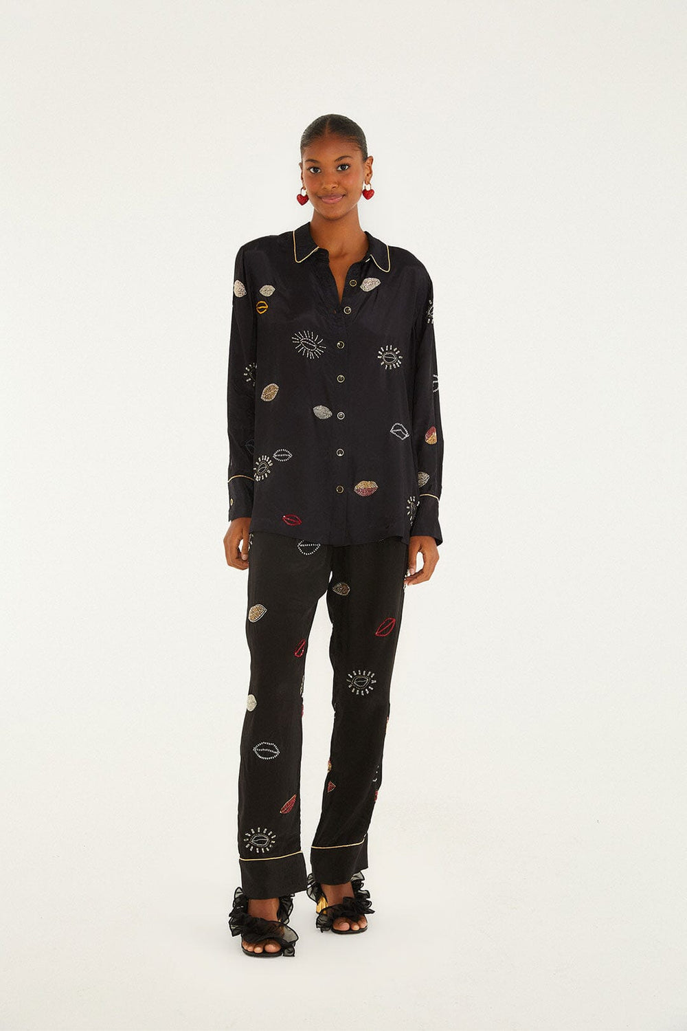 Black Beaded Kisses Buttoned Pajama Shirt