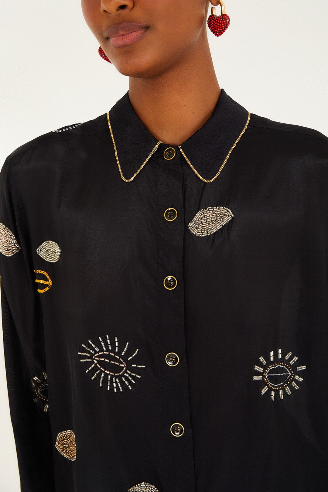Black Beaded Kisses Buttoned Pajama Shirt