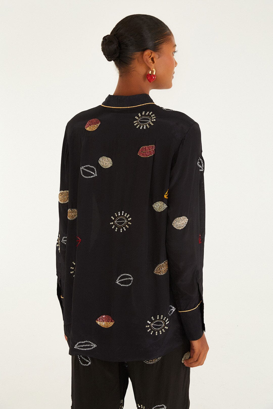 Black Beaded Kisses Buttoned Pajama Shirt