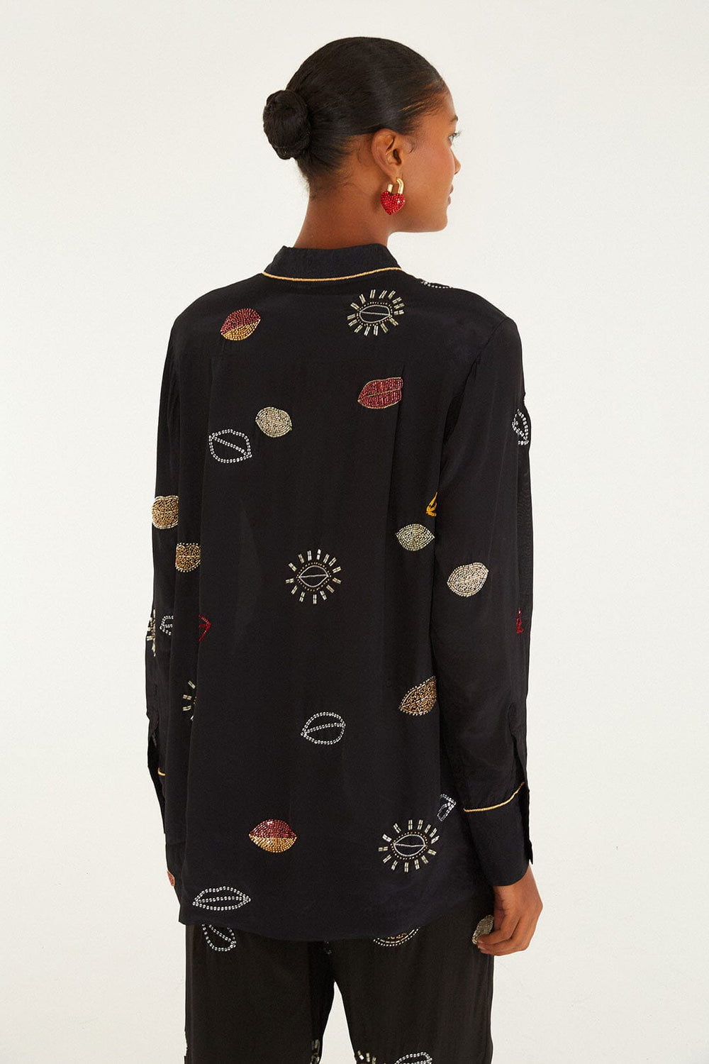Black Beaded Kisses Buttoned Pajama Shirt