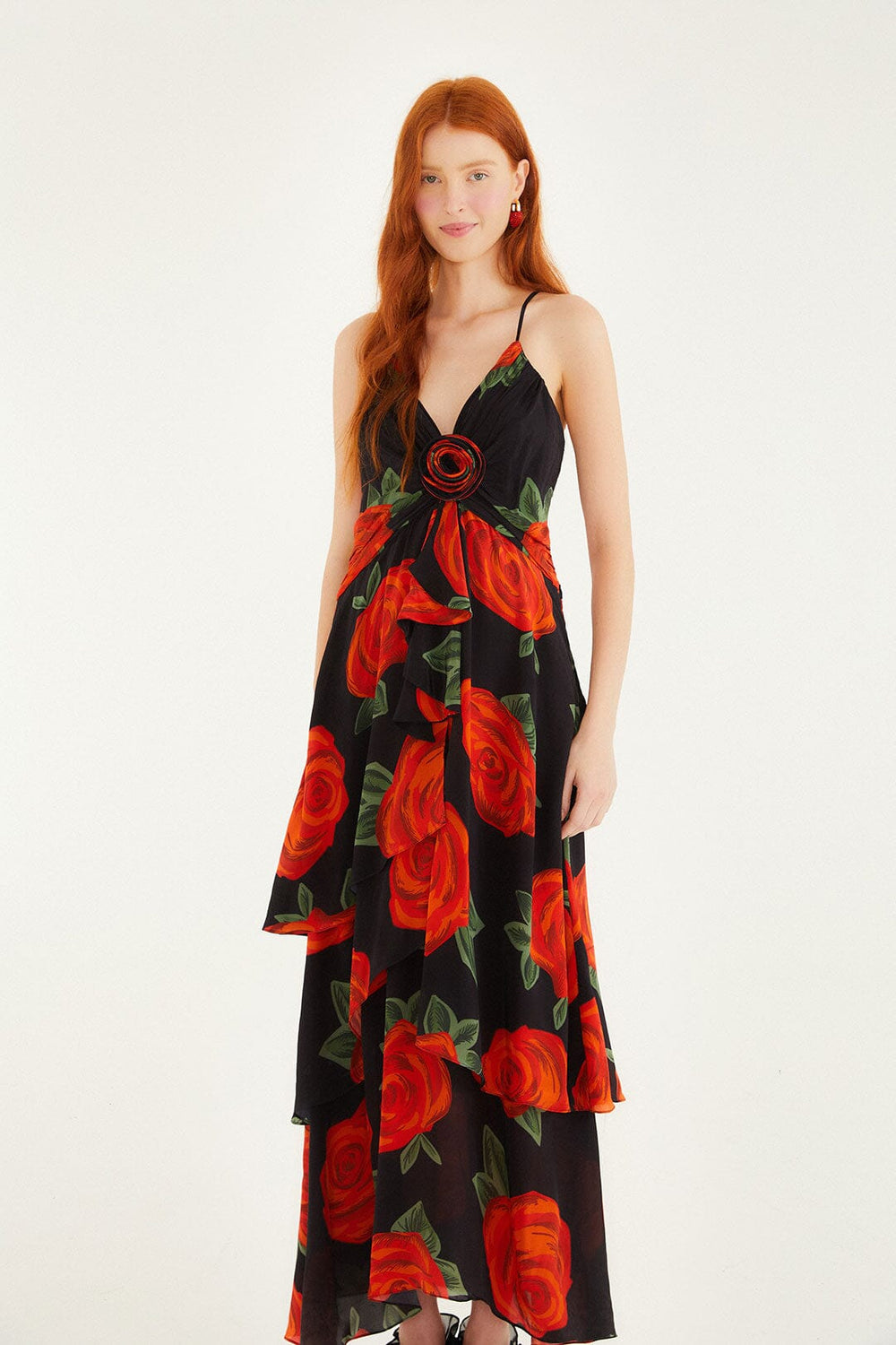 Black Latin Roses 3d Flower Layered Maxi Dress