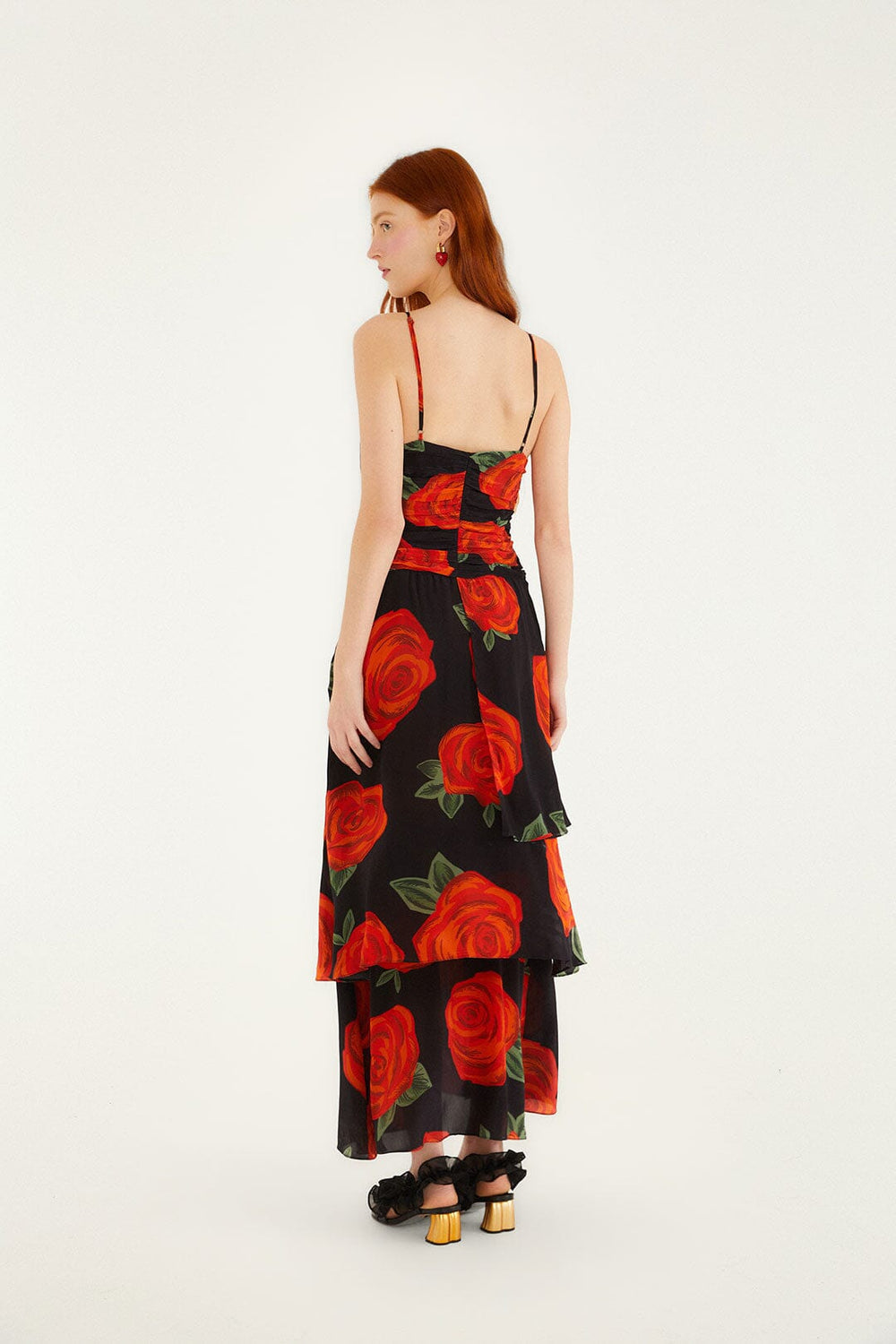 Black Latin Roses 3d Flower Layered Maxi Dress