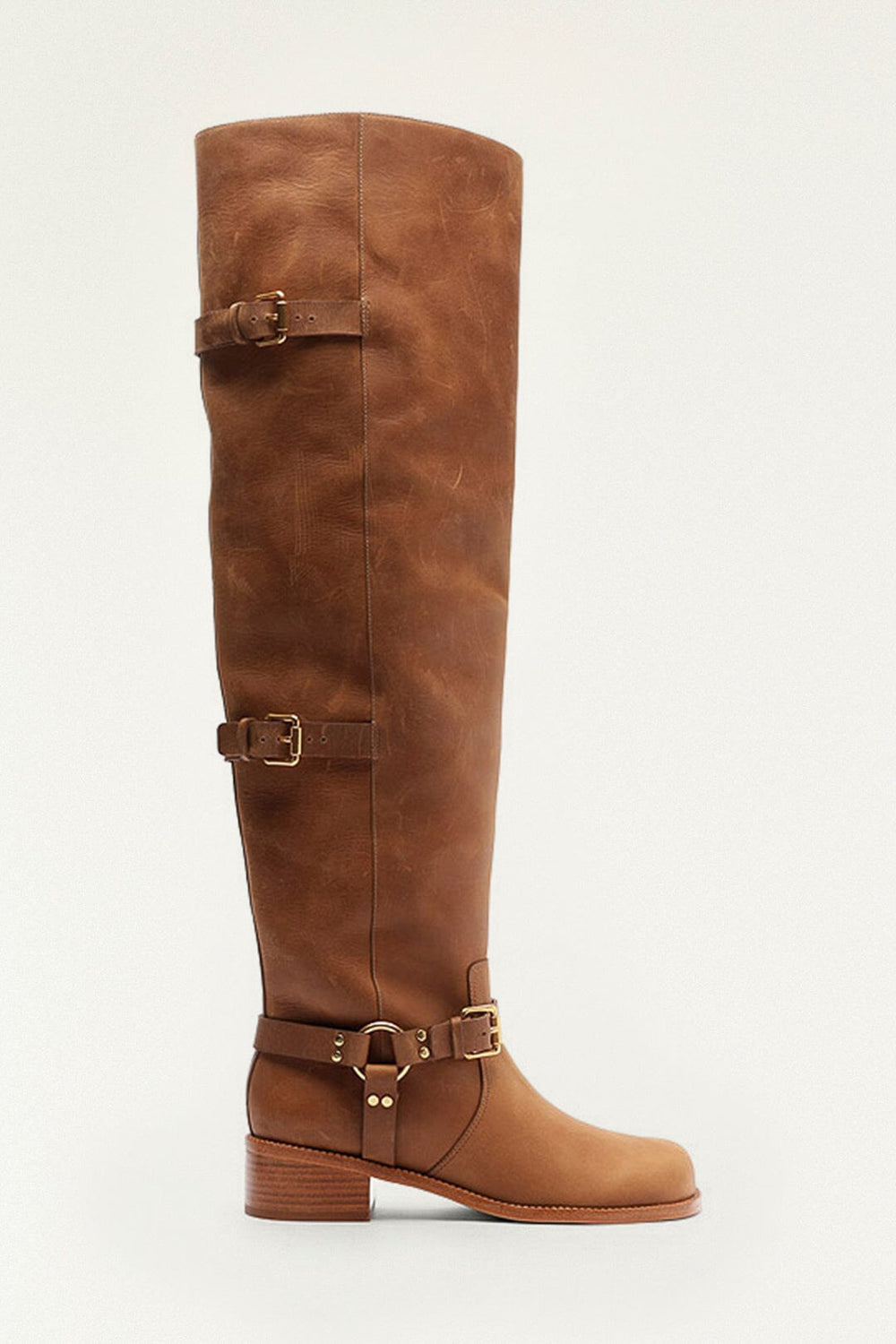 Brown Distressed Leather Buckled Over-The-Knee Boot