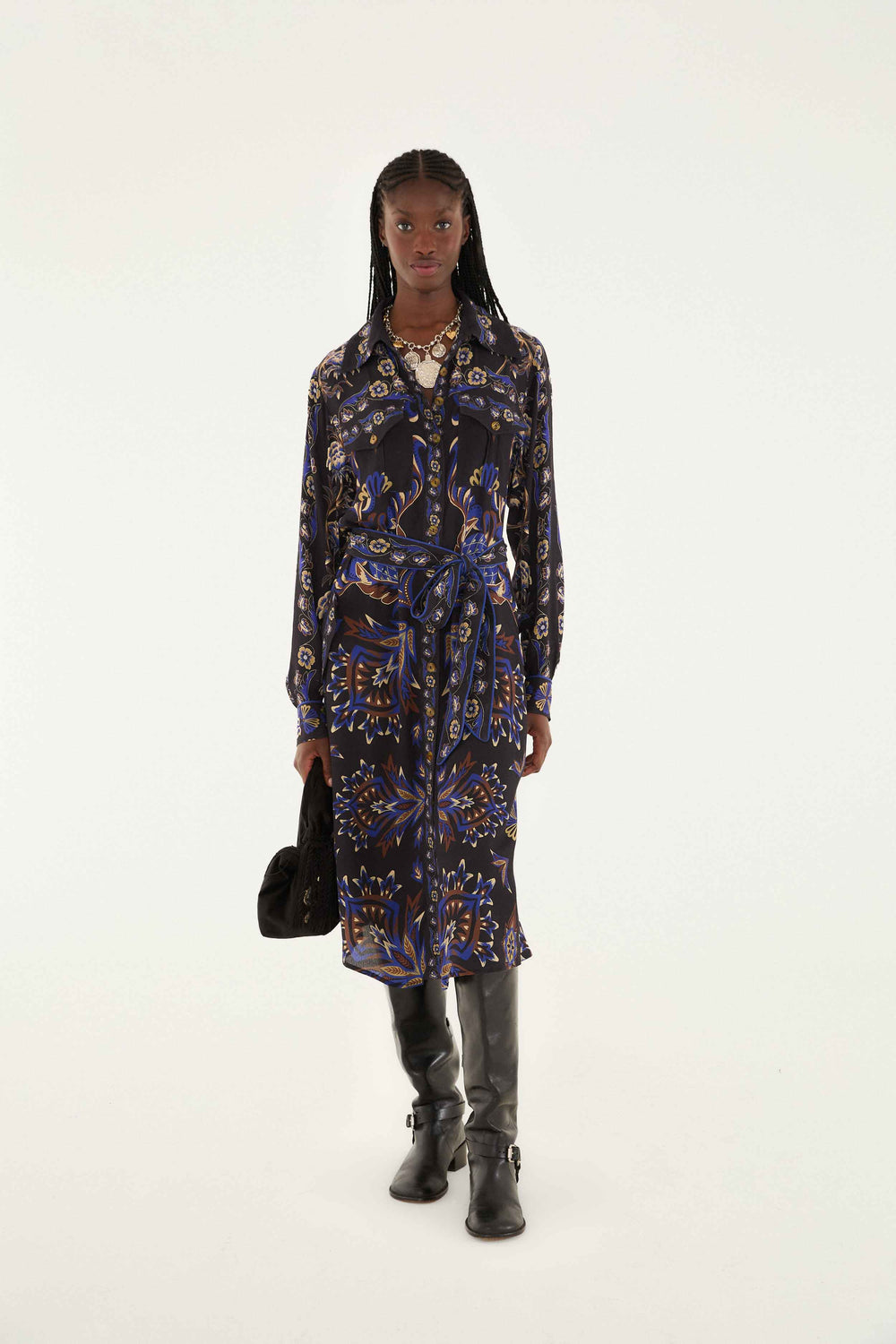 Black Arabesque Mix Scarves Midi Dress