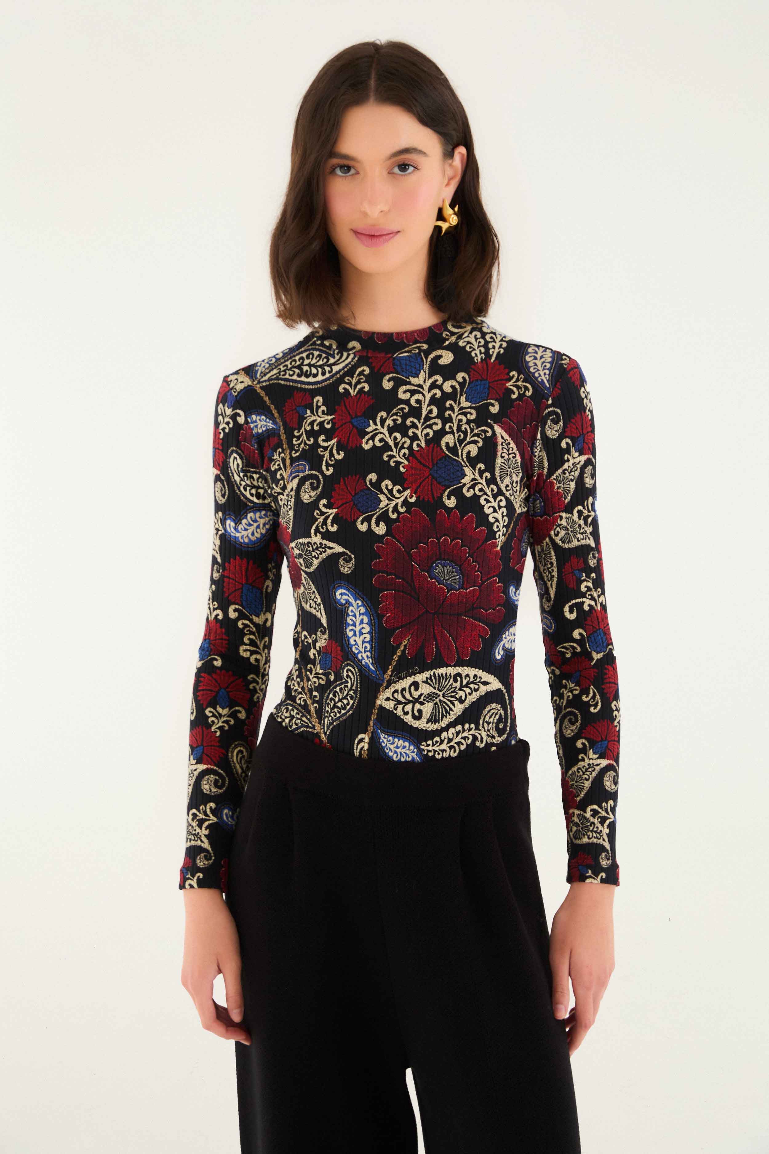 Black Valentina High Neck Long Sleeve Jersey Bodysuit