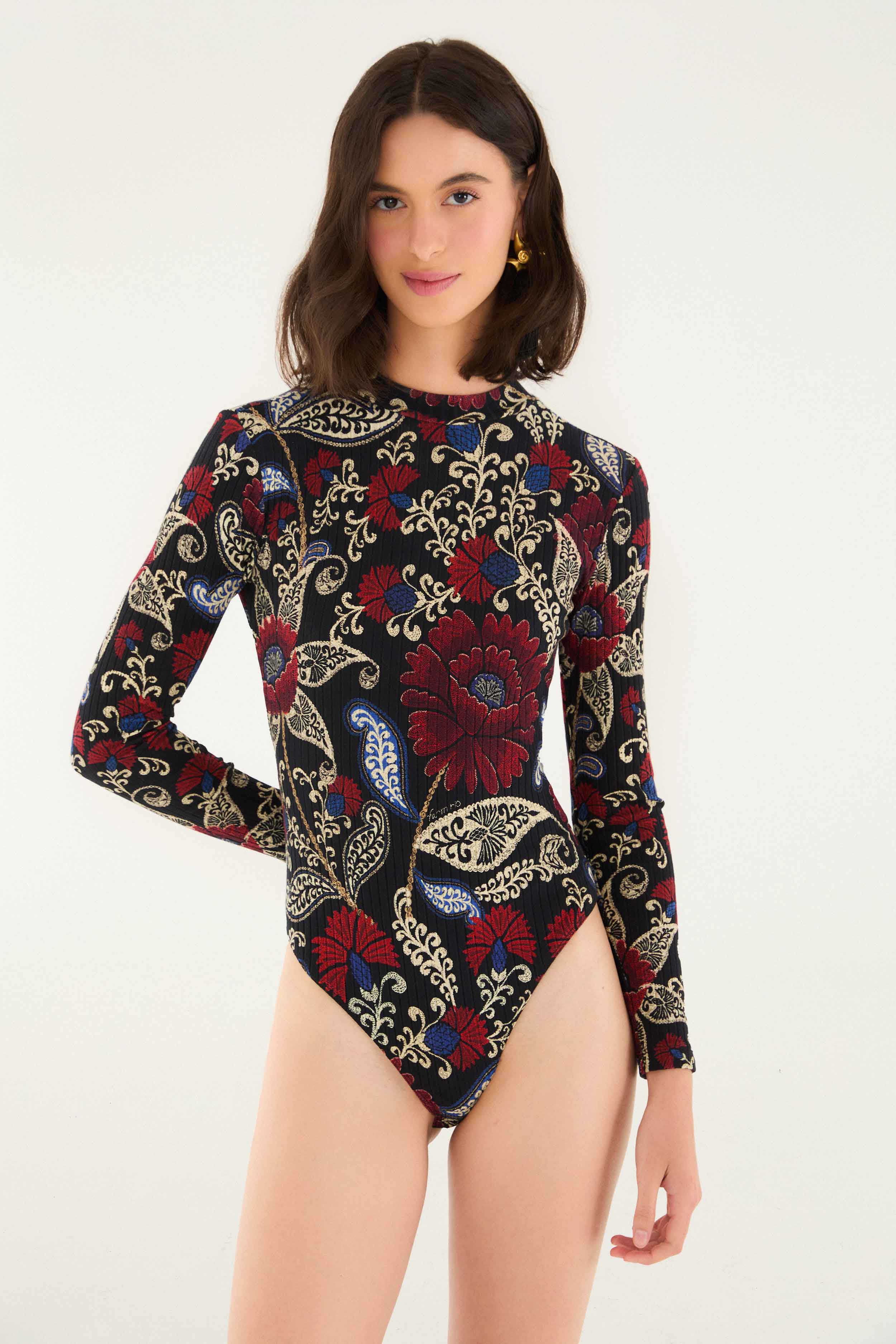 Black Valentina High Neck Long Sleeve Jersey Bodysuit