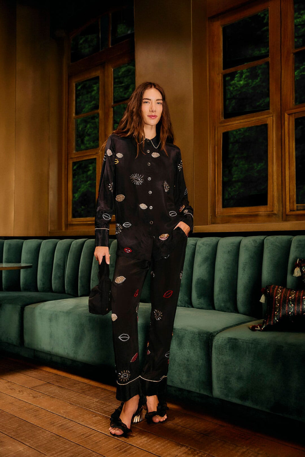 Black Beaded Kisses Side Pockets Pajama Pants