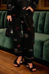 Black Beaded Kisses Side Pockets Pajama Pants