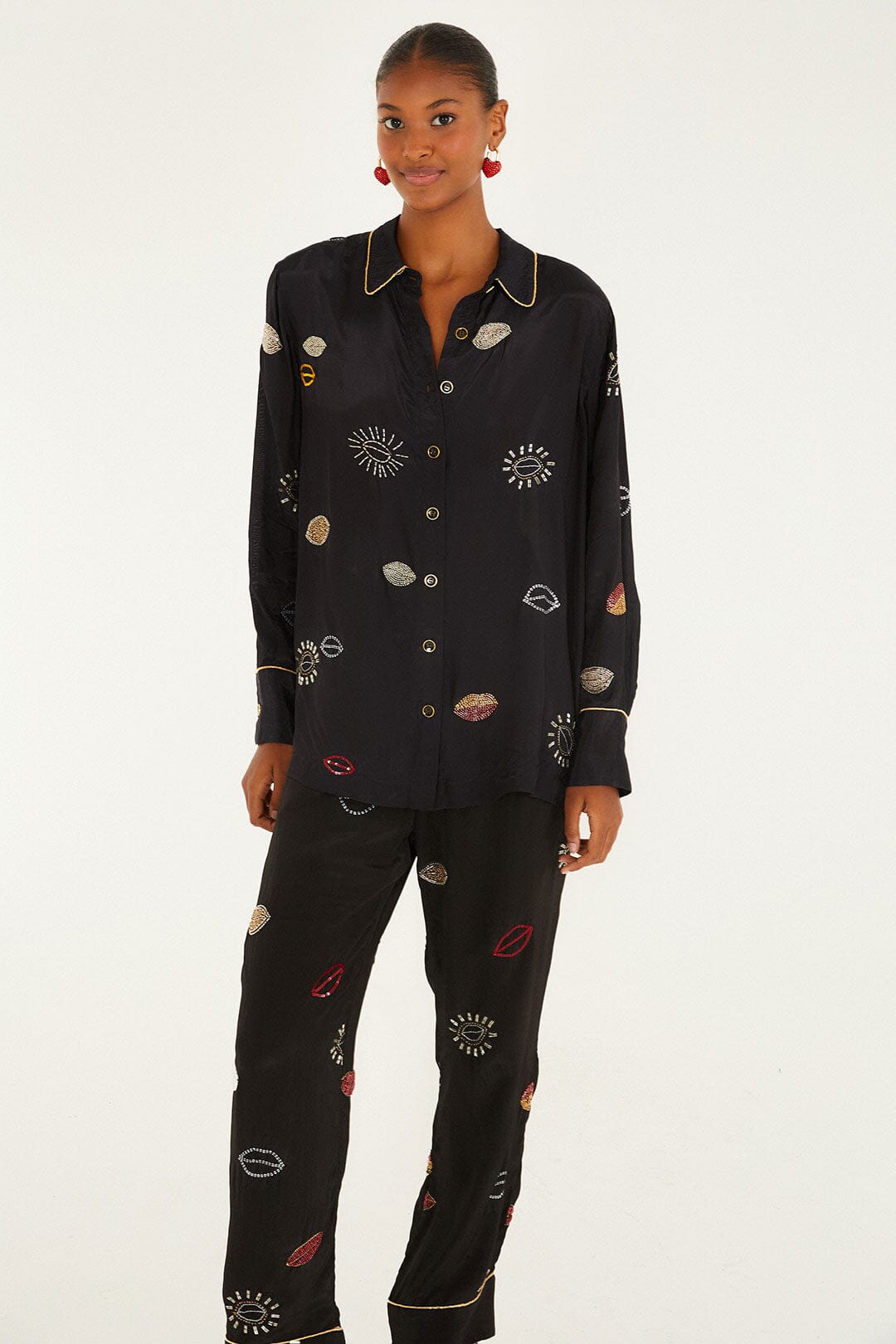 Black Beaded Kisses Side Pockets Pajama Pants