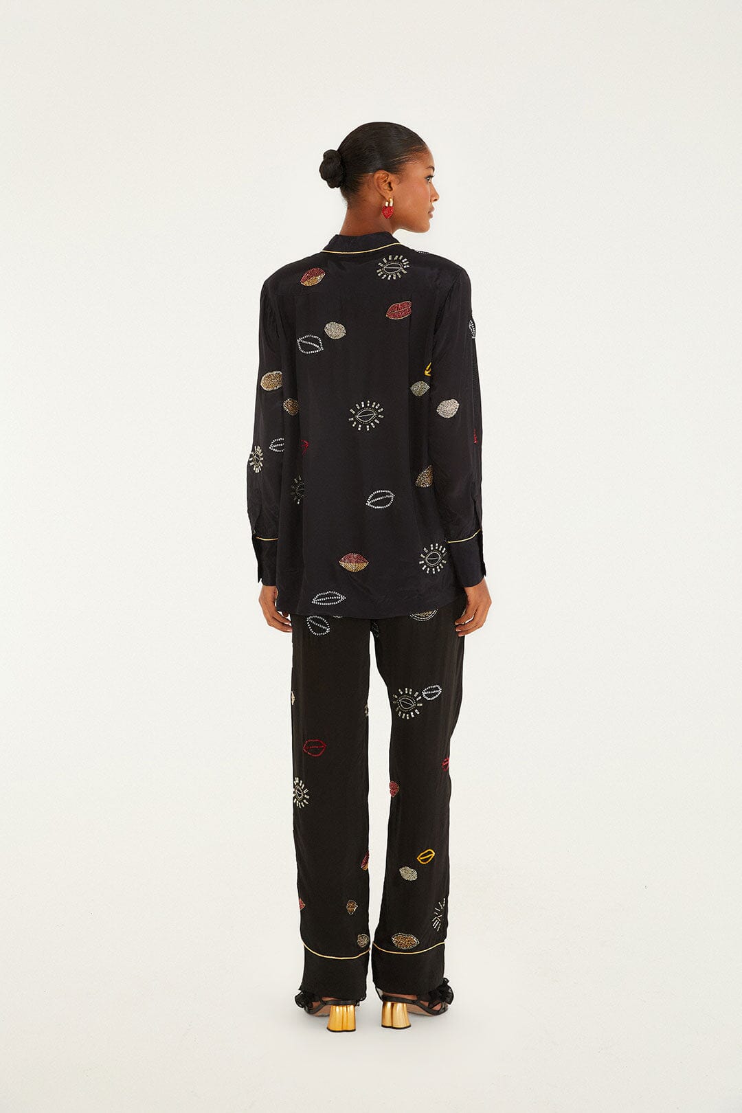 Black Beaded Kisses Side Pockets Pajama Pants