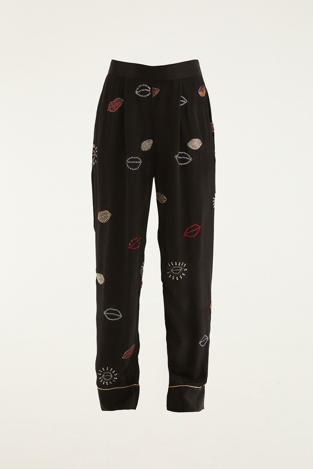 Black Beaded Kisses Side Pockets Pajama Pants