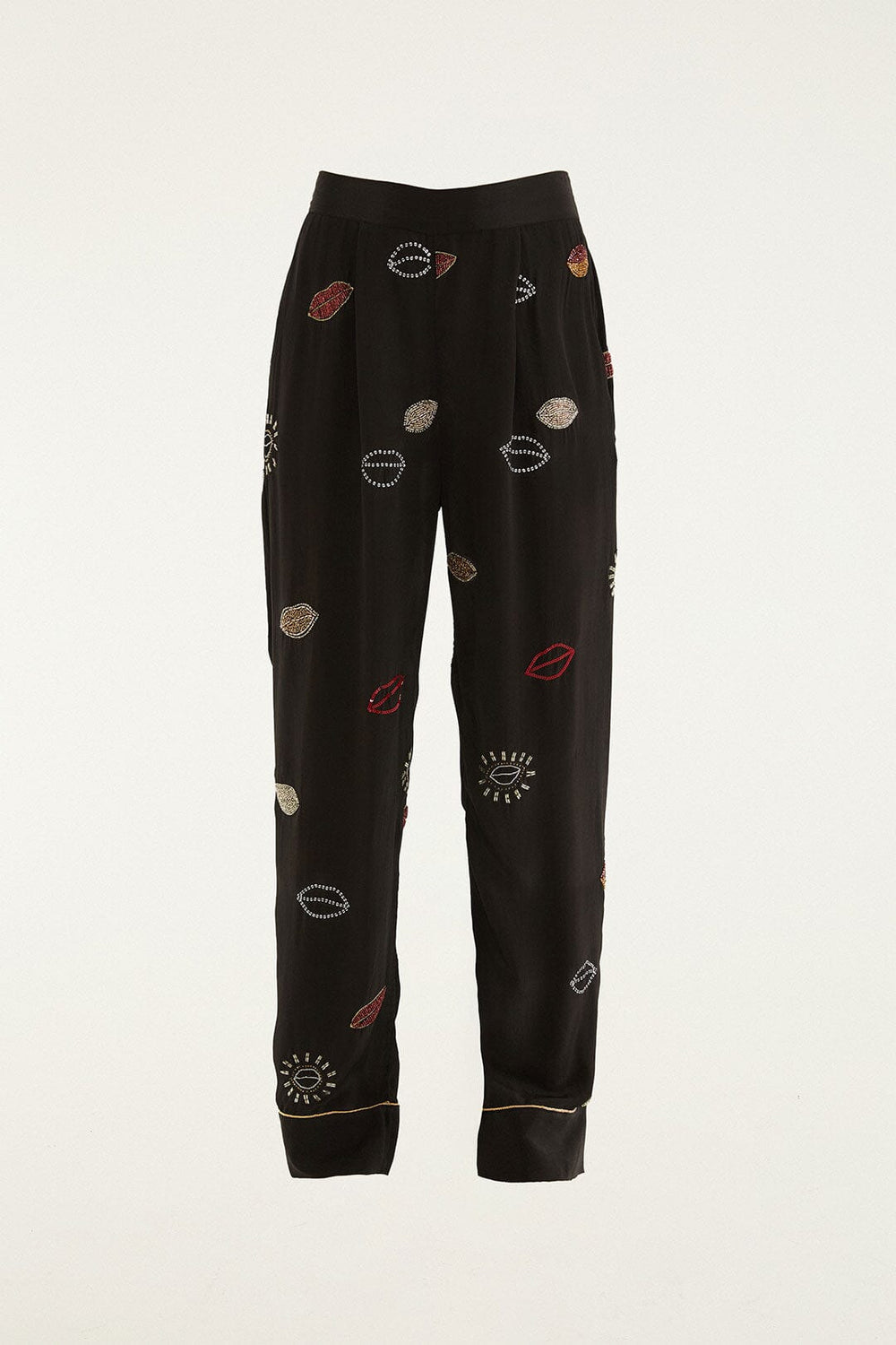 Black Beaded Kisses Side Pockets Pajama Pants