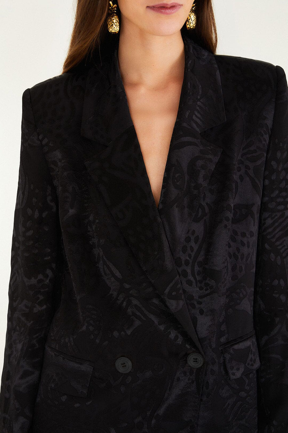 Black Leopard Buttoned Jacquard Blazer