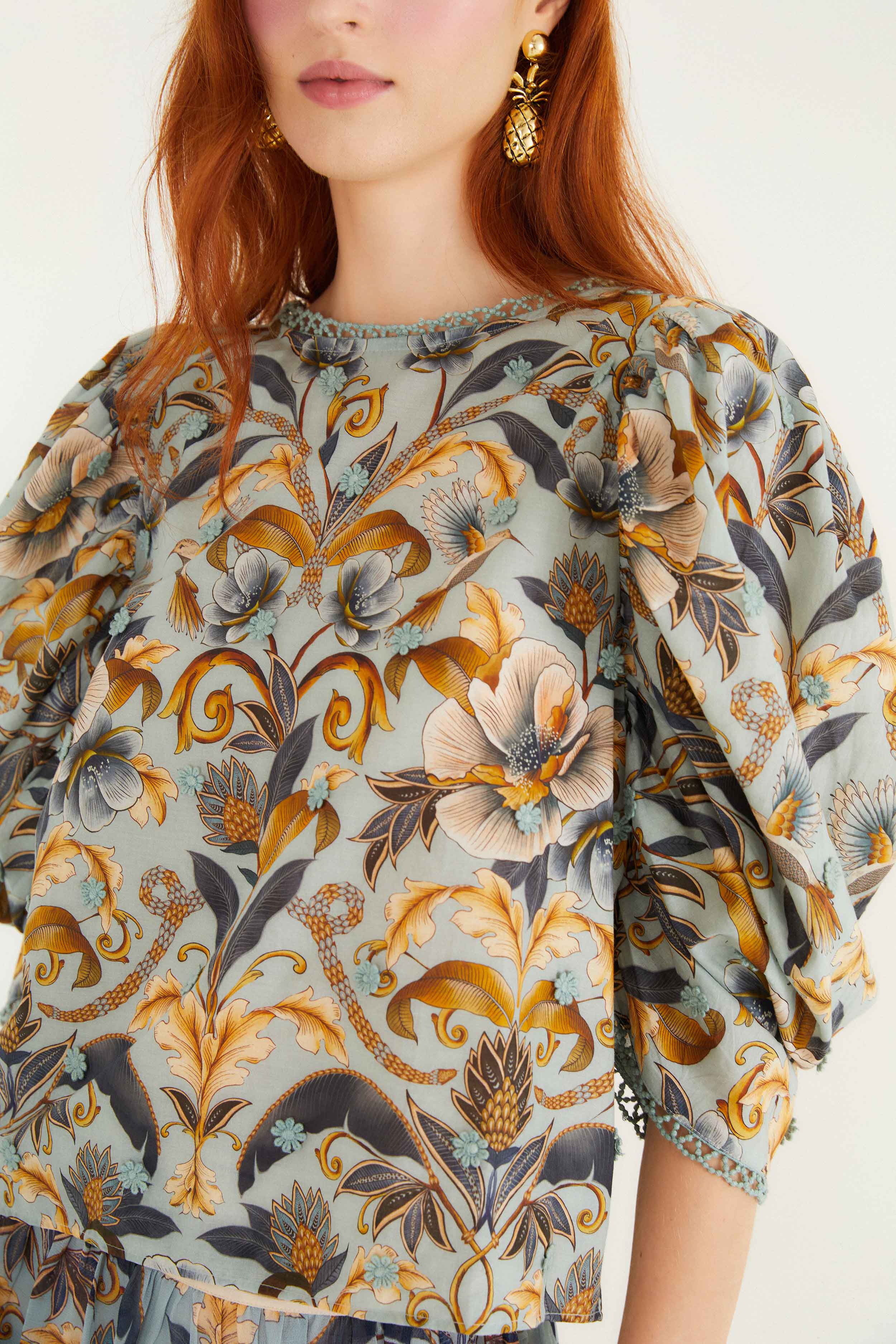 Blue Snake Garden 3d Applique Blouse