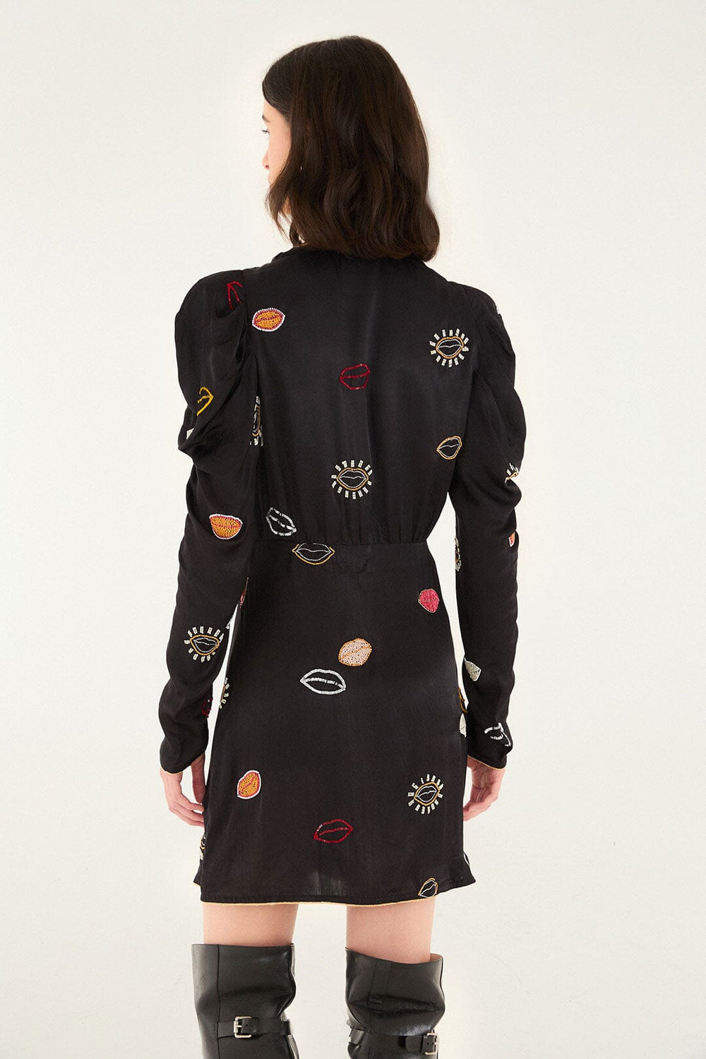 Black Beaded Kisses Lenzing™ Ecovero™ Viscose Wrap Mini Dress