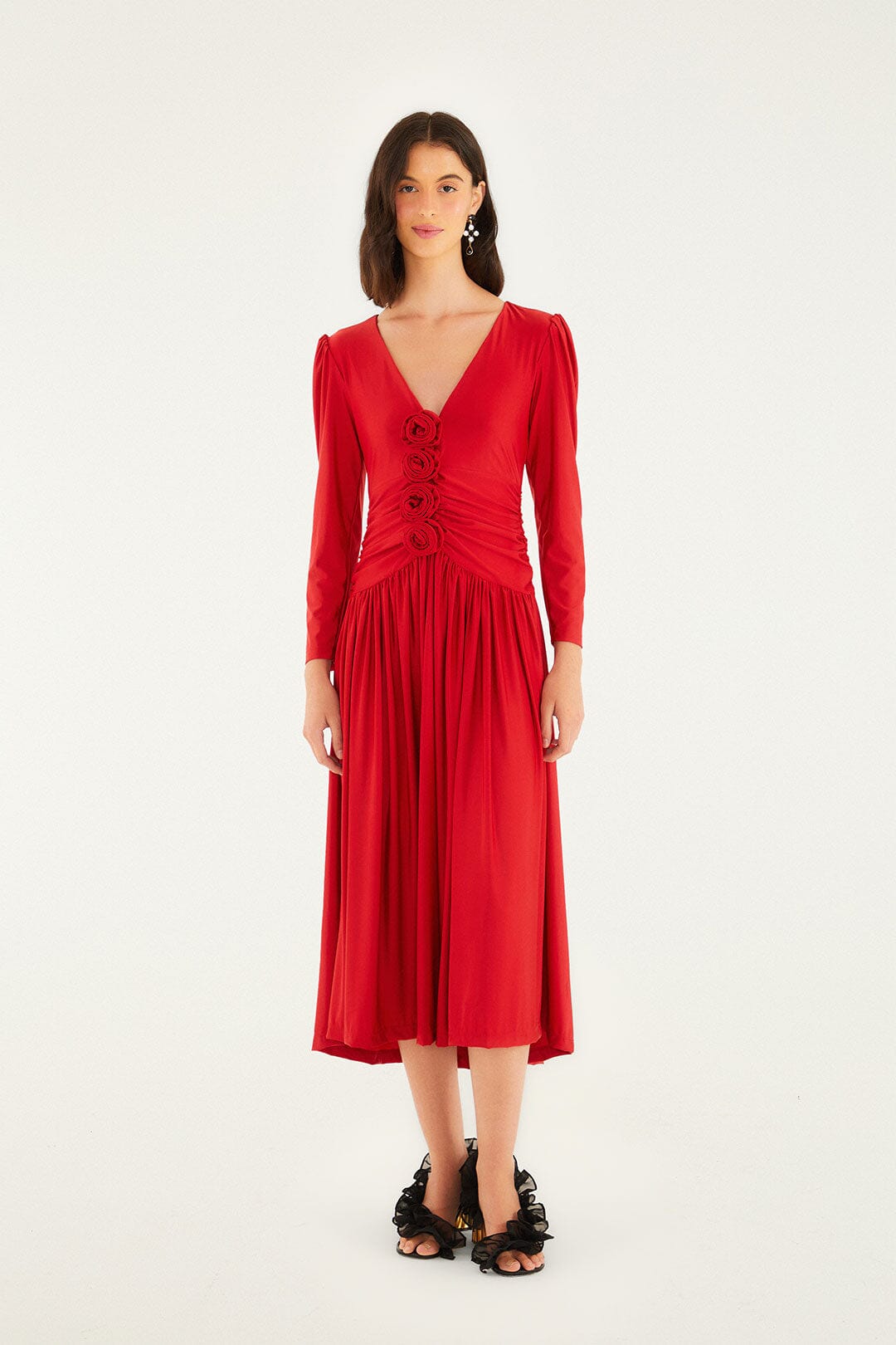 Red 3d Roses Long Sleeve Draped Midi Dress