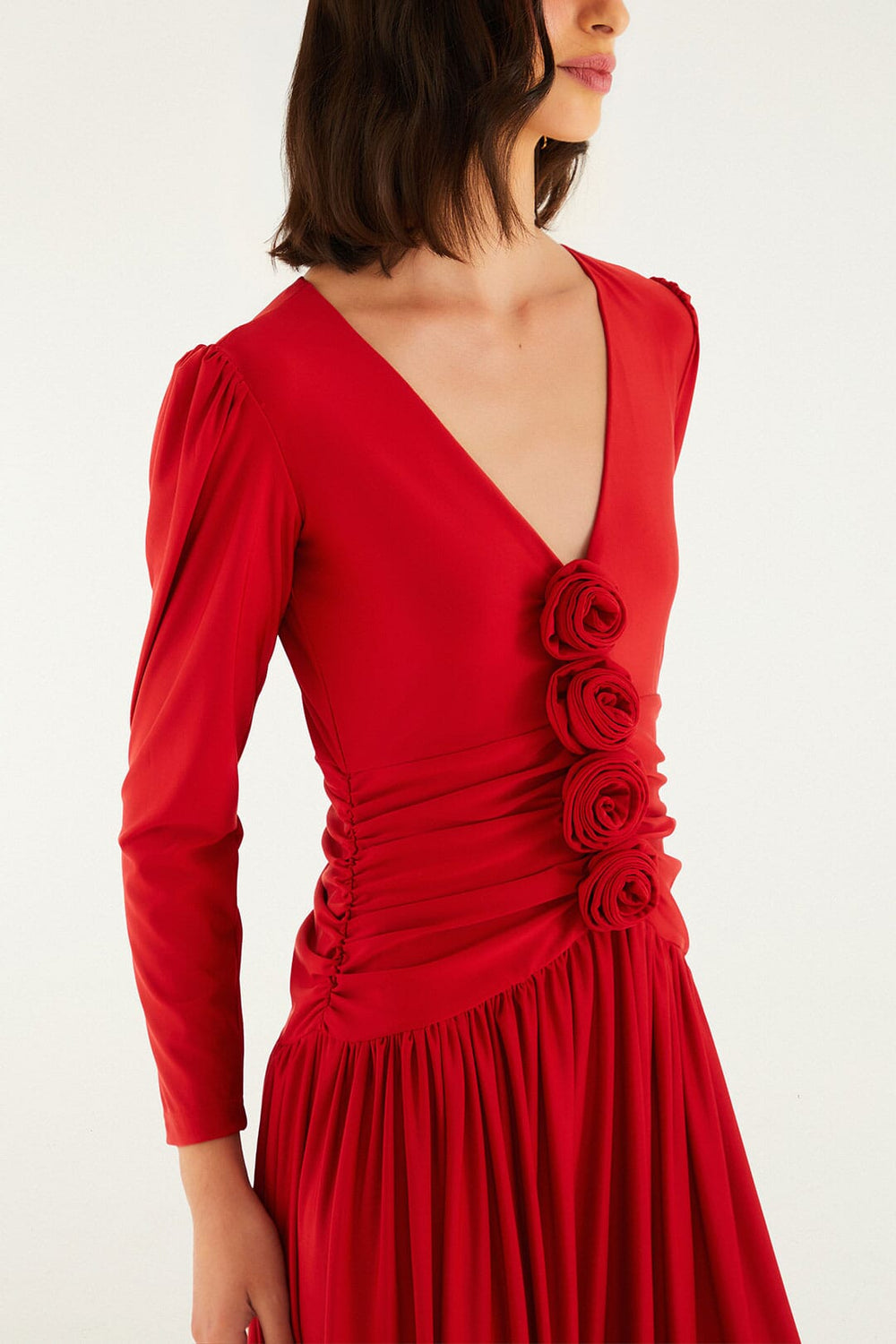 Red 3d Roses Long Sleeve Draped Midi Dress