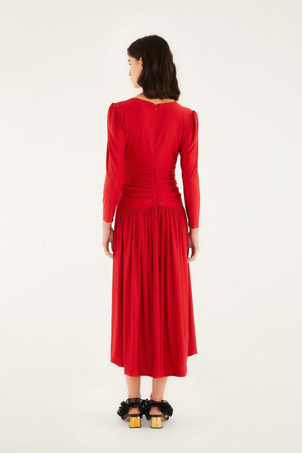 Red 3d Roses Long Sleeve Draped Midi Dress