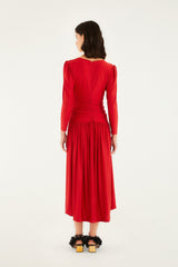 Red 3d Roses Long Sleeve Draped Midi Dress