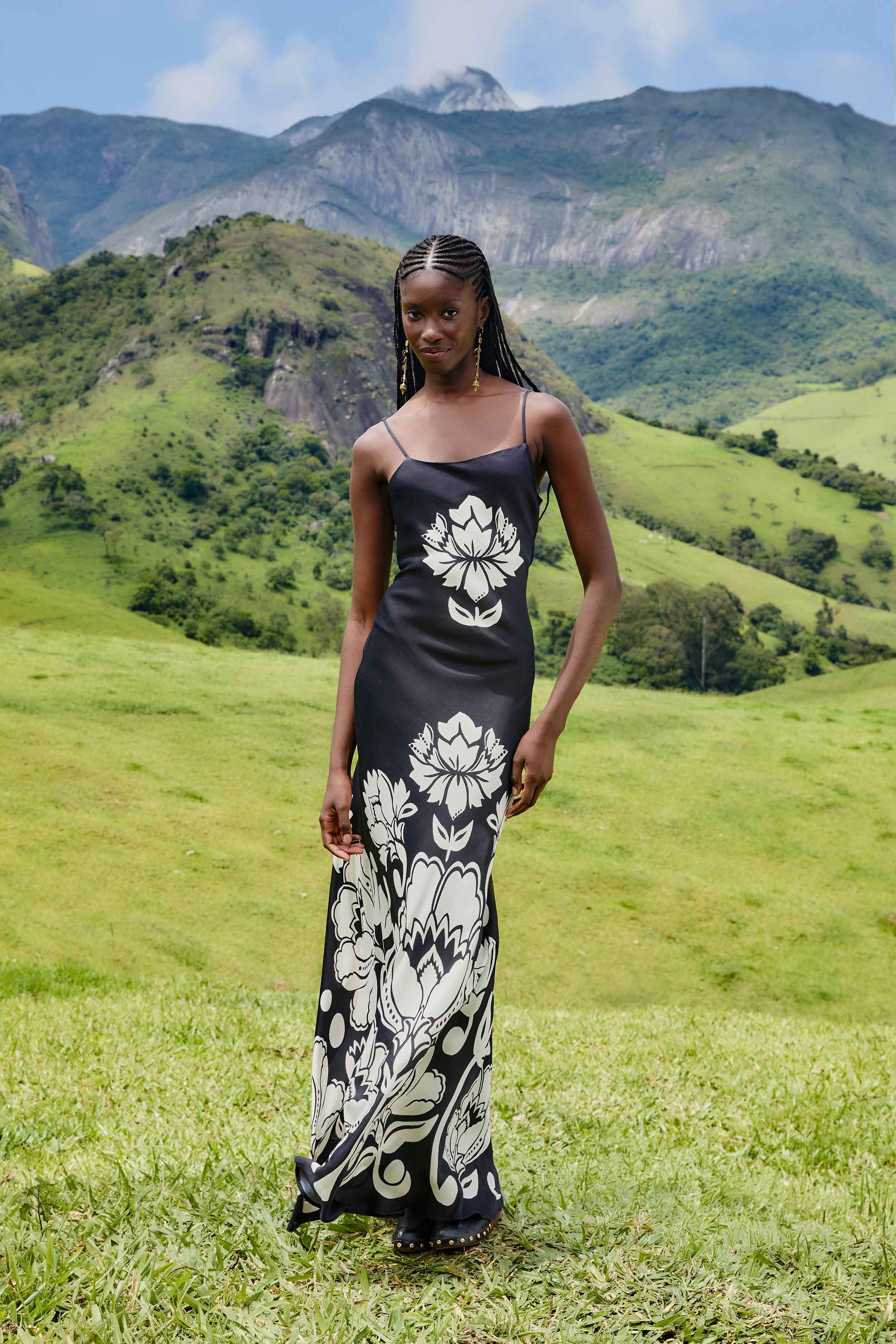 Black & White Floral Arabesque Slip Lenzing™ Ecovero™ Viscose Maxi Dress