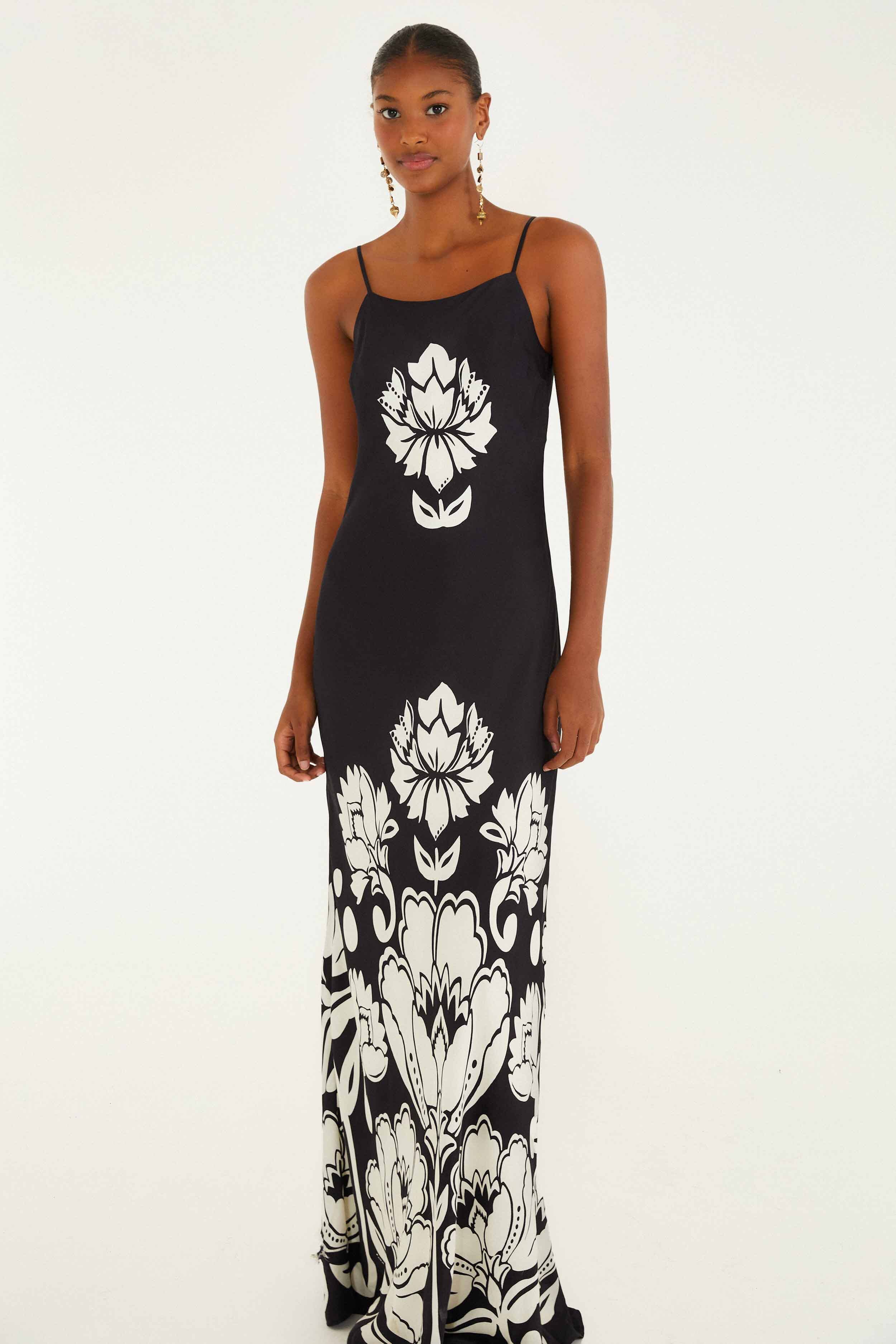 Black & White Floral Arabesque Slip Lenzing™ Ecovero™ Viscose Maxi Dress