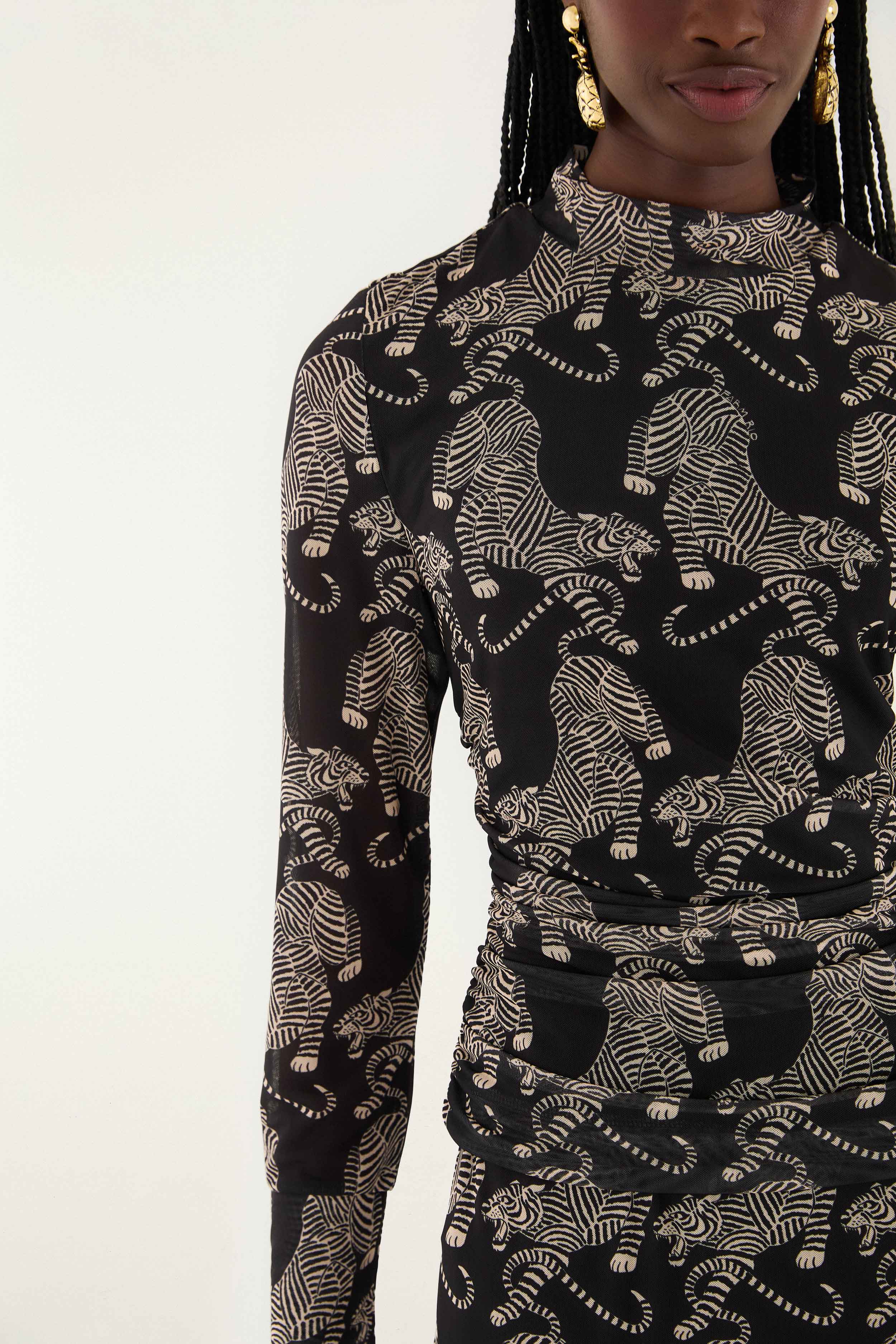 Black Striped Tigers Long Sleeve Tulle Blouse