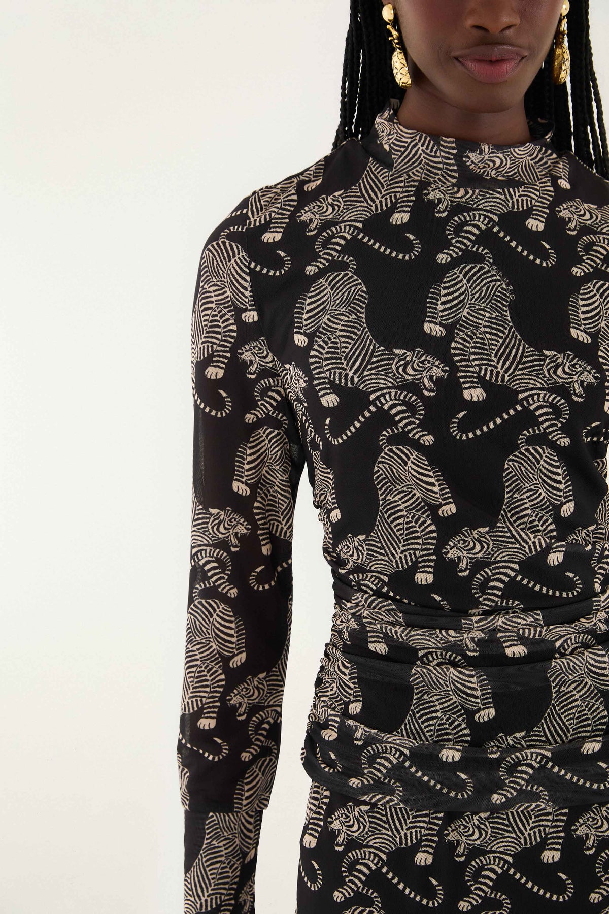 Black Striped Tigers Long Sleeve Tulle Blouse