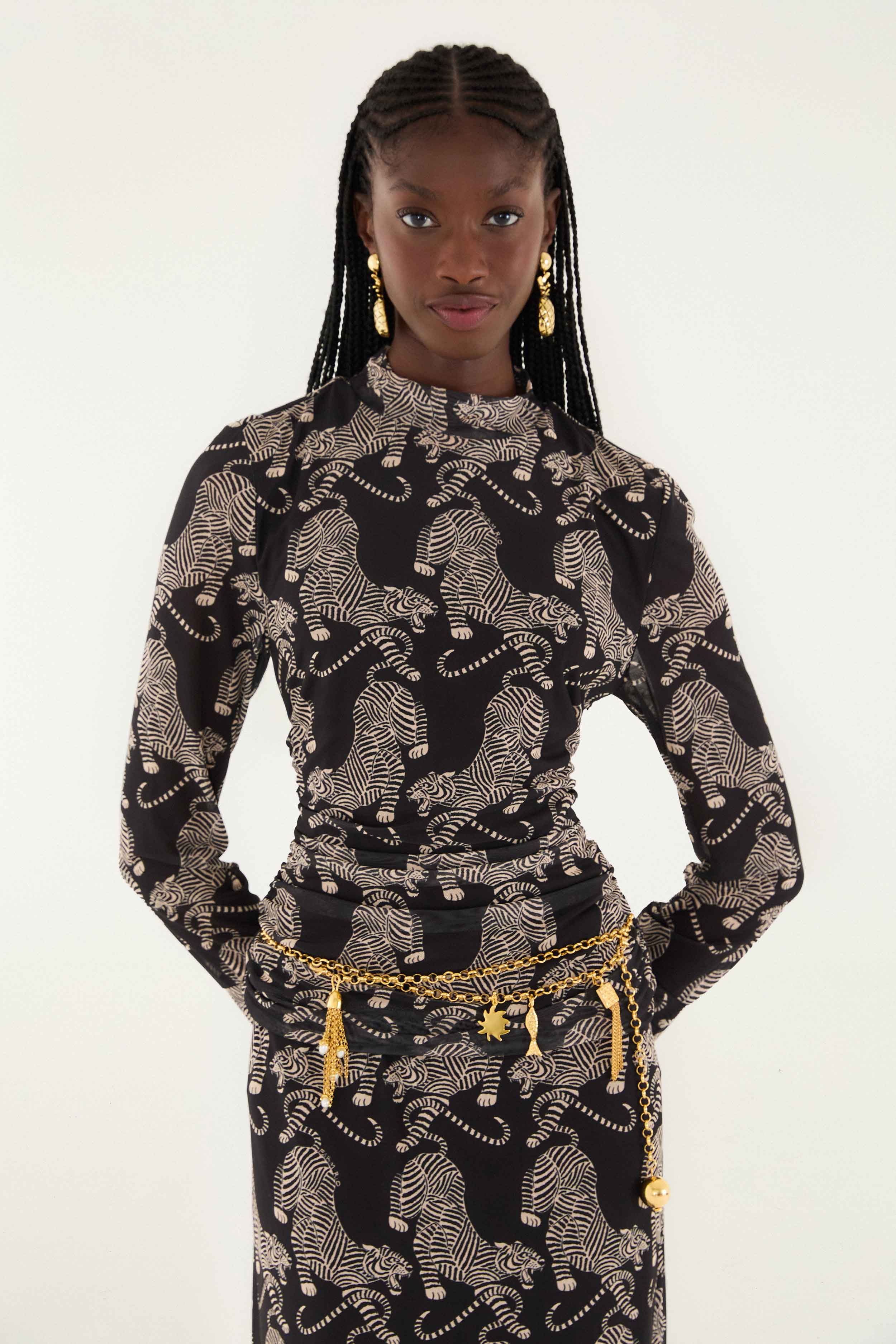 Black Striped Tigers Long Sleeve Tulle Blouse