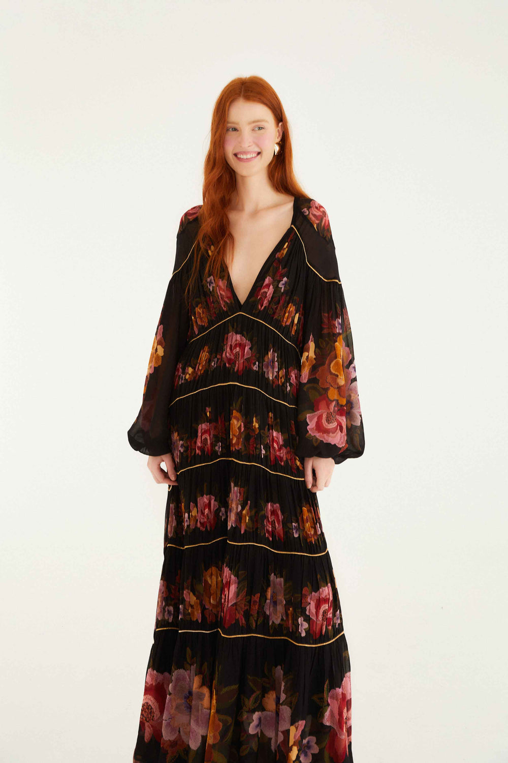 Black Chenille Flowers Long Sleeve Midi Dress