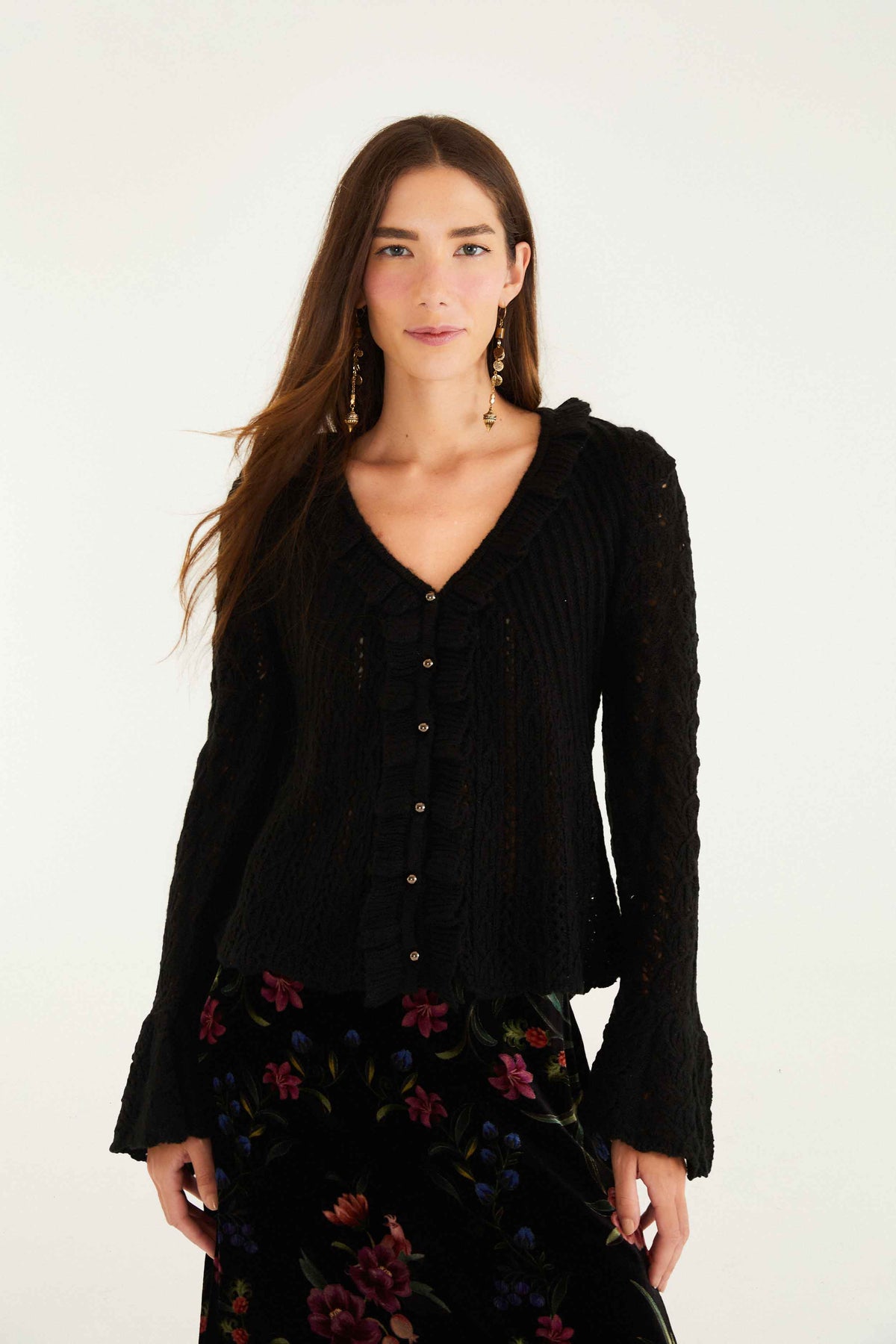 Black Lace Ruffled Knit Cardigan