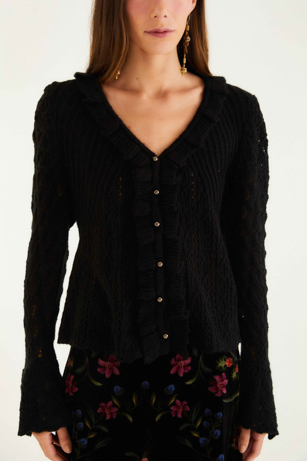 Black Lace Ruffled Knit Cardigan