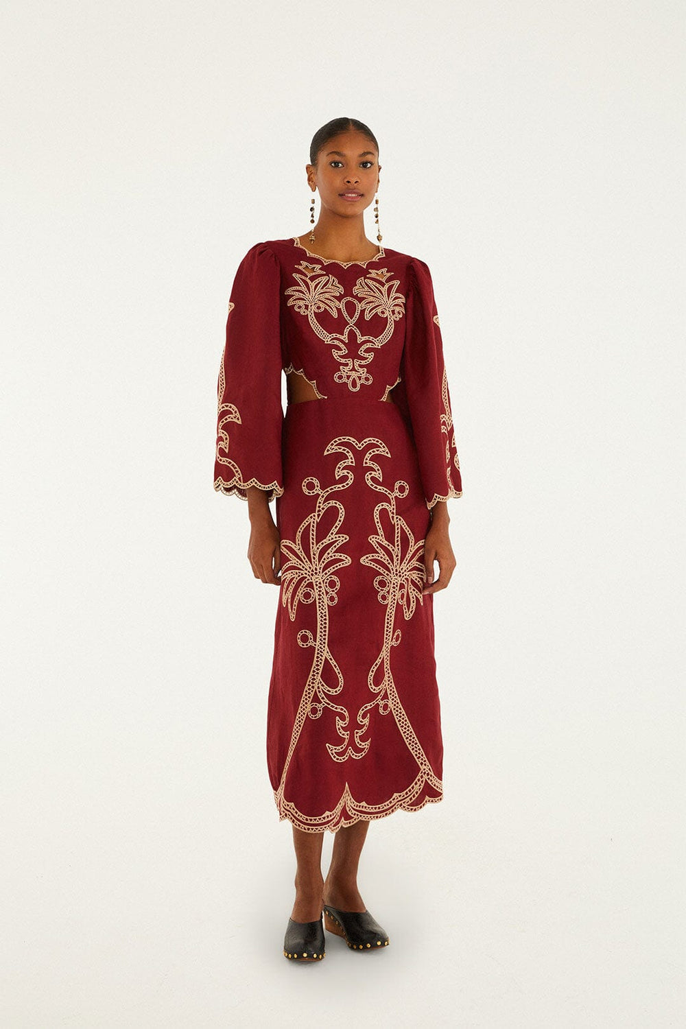 Red Artisanal Cut-Out Embroidered Euroflax� Premium Linen Maxi Dress