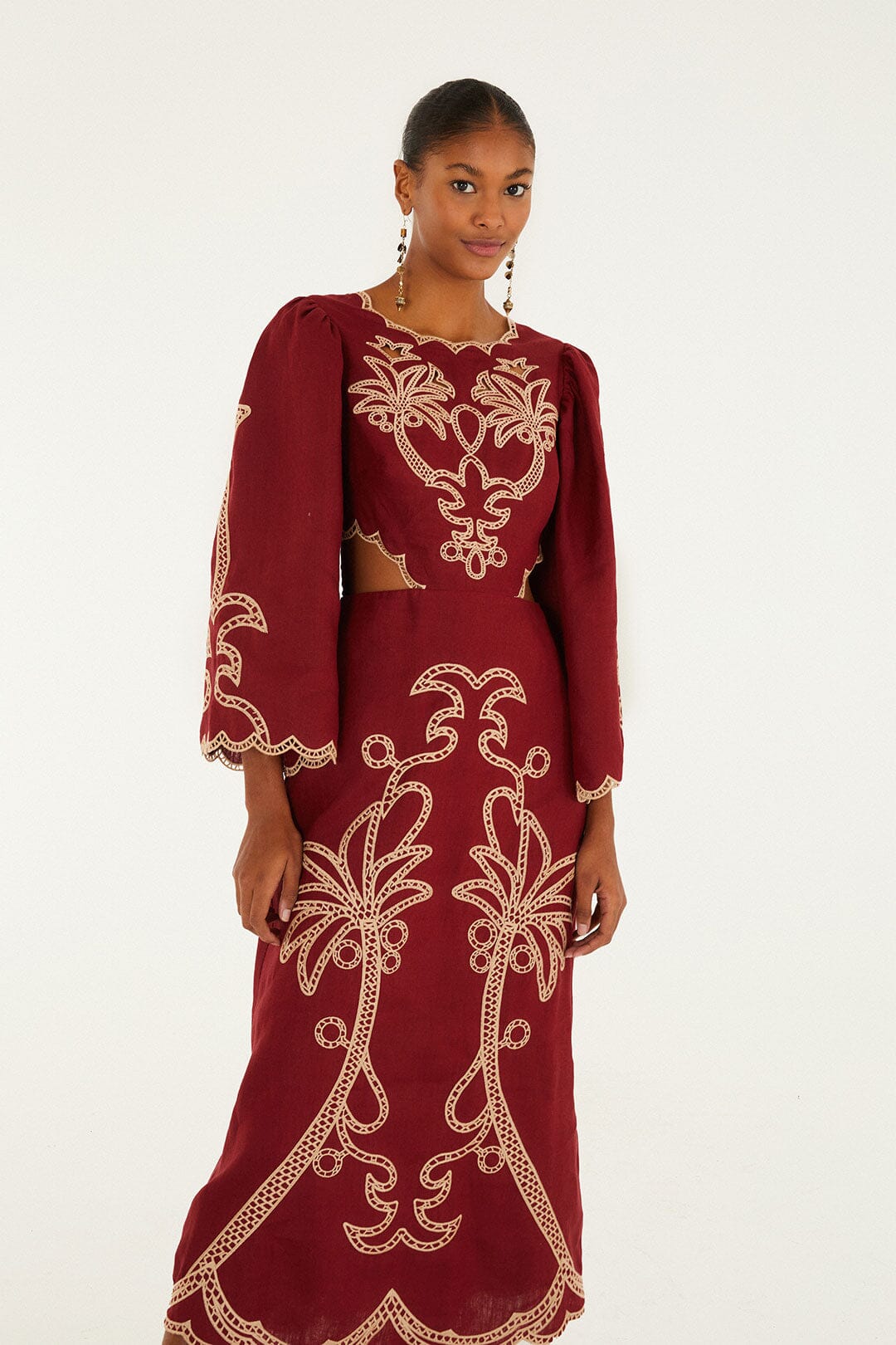 Red Artisanal Cut-Out Embroidered Euroflax� Premium Linen Maxi Dress