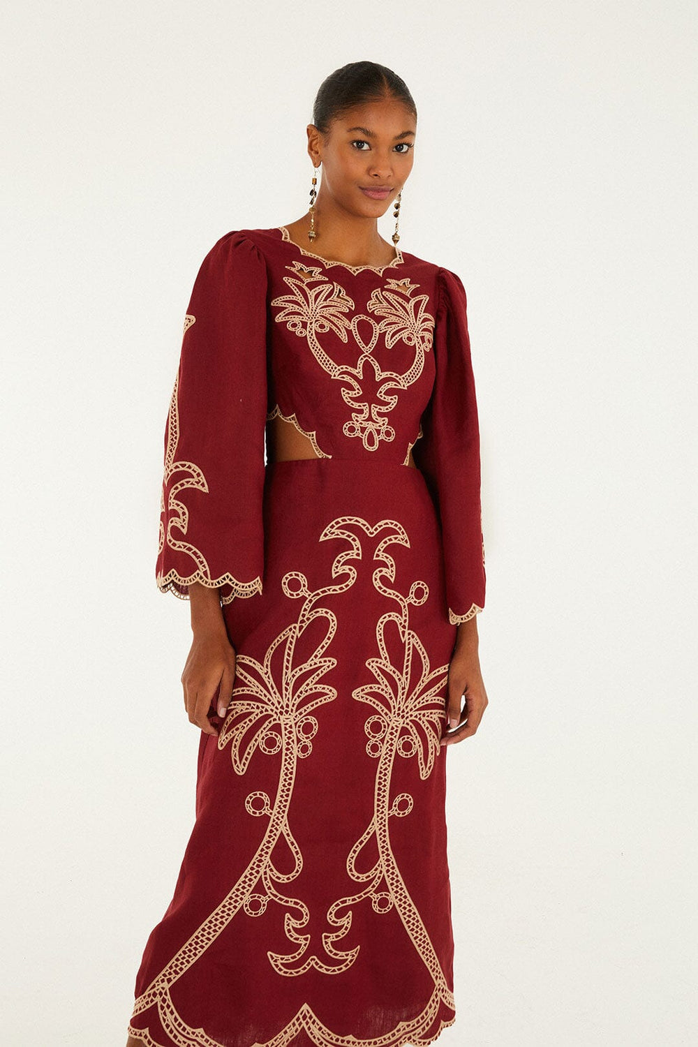Red Artisanal Cut-Out Embroidered Euroflax� Premium Linen Maxi Dress