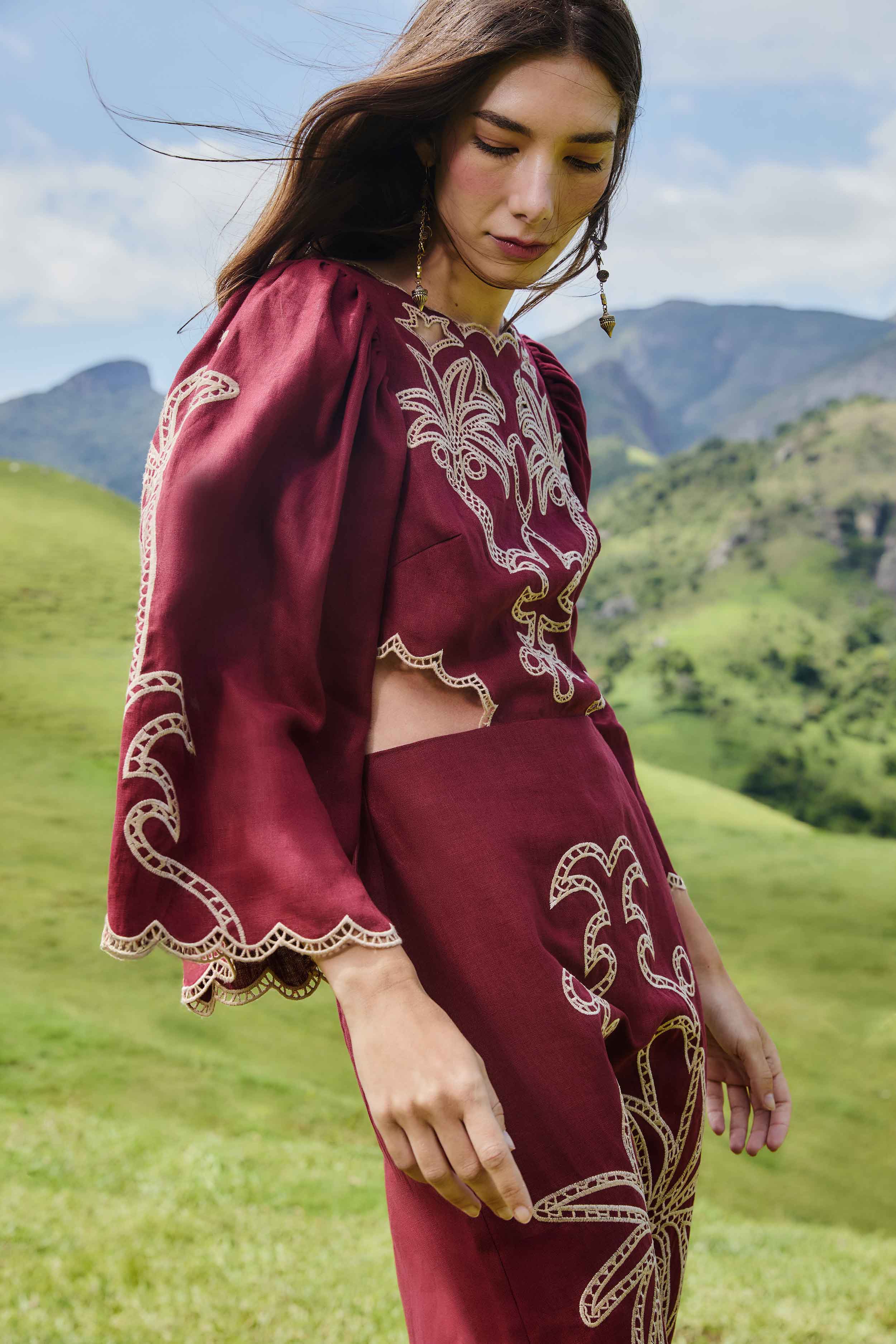 Red Artisanal Cut-Out Embroidered Euroflax� Premium Linen Maxi Dress