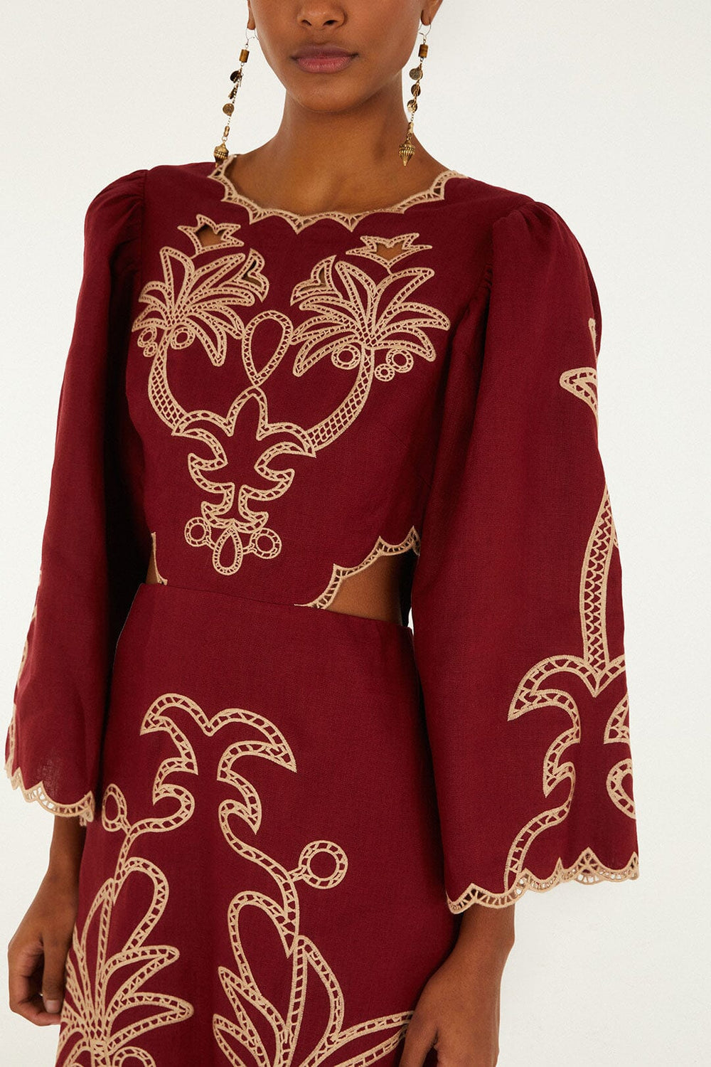 Red Artisanal Cut-Out Embroidered Euroflax� Premium Linen Maxi Dress