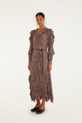 Pink Baby Leopard Long Sleeve Angled Frill Maxi Dress