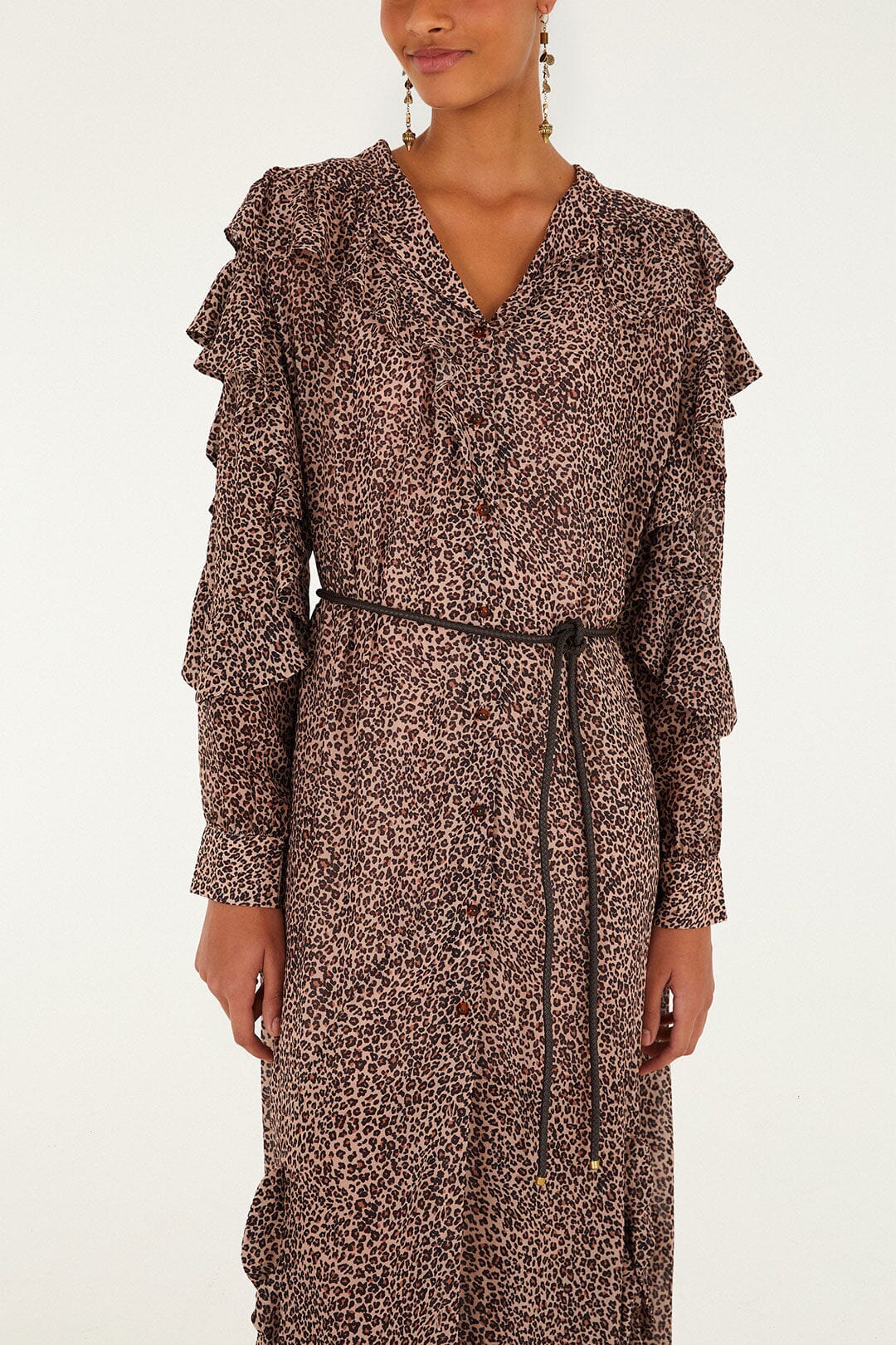 Pink Baby Leopard Long Sleeve Angled Frill Maxi Dress