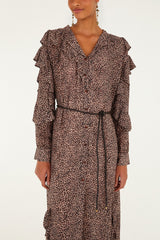 Pink Baby Leopard Long Sleeve Angled Frill Maxi Dress