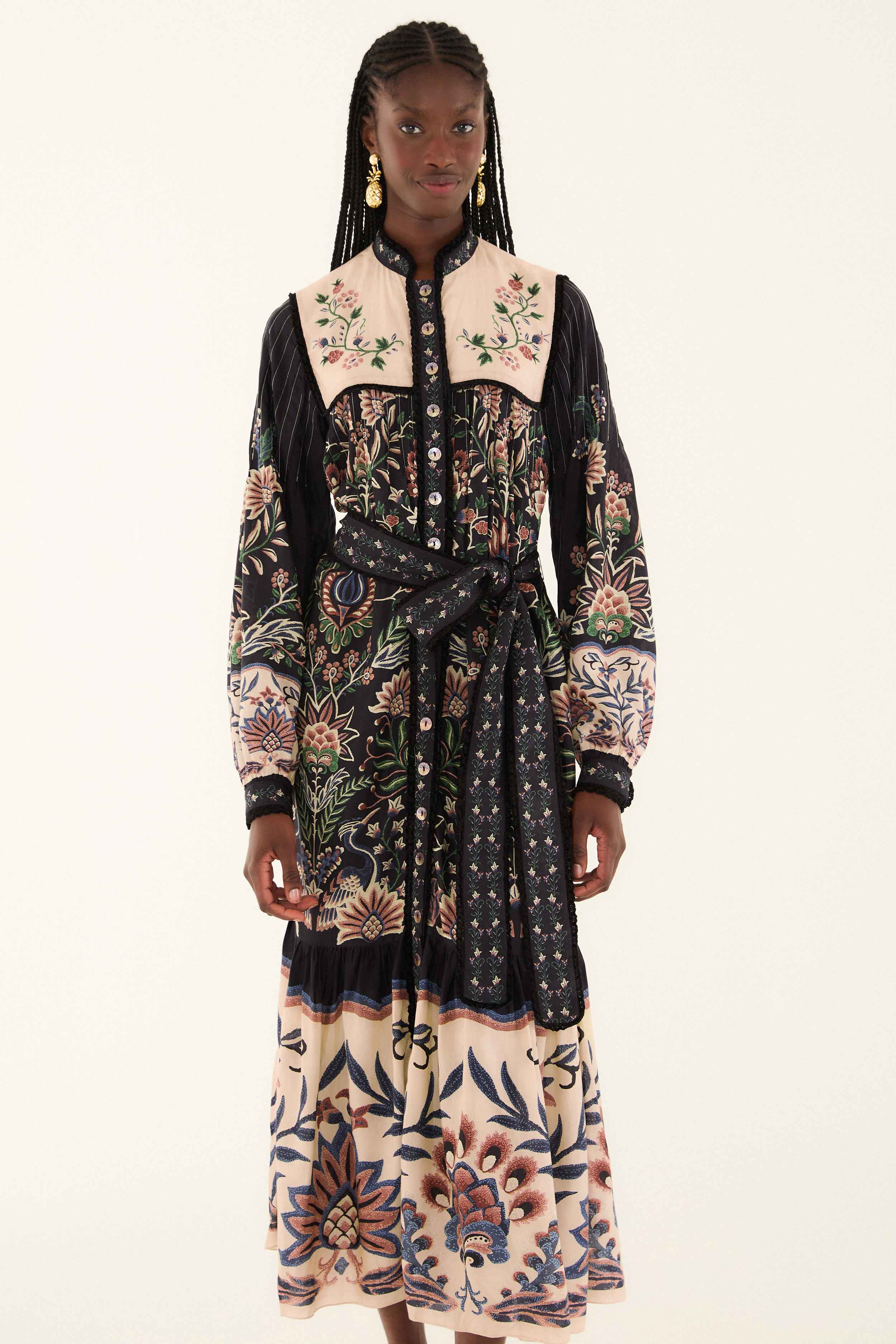 Black Marvelous Garden Long Sleeve Maxi Dress